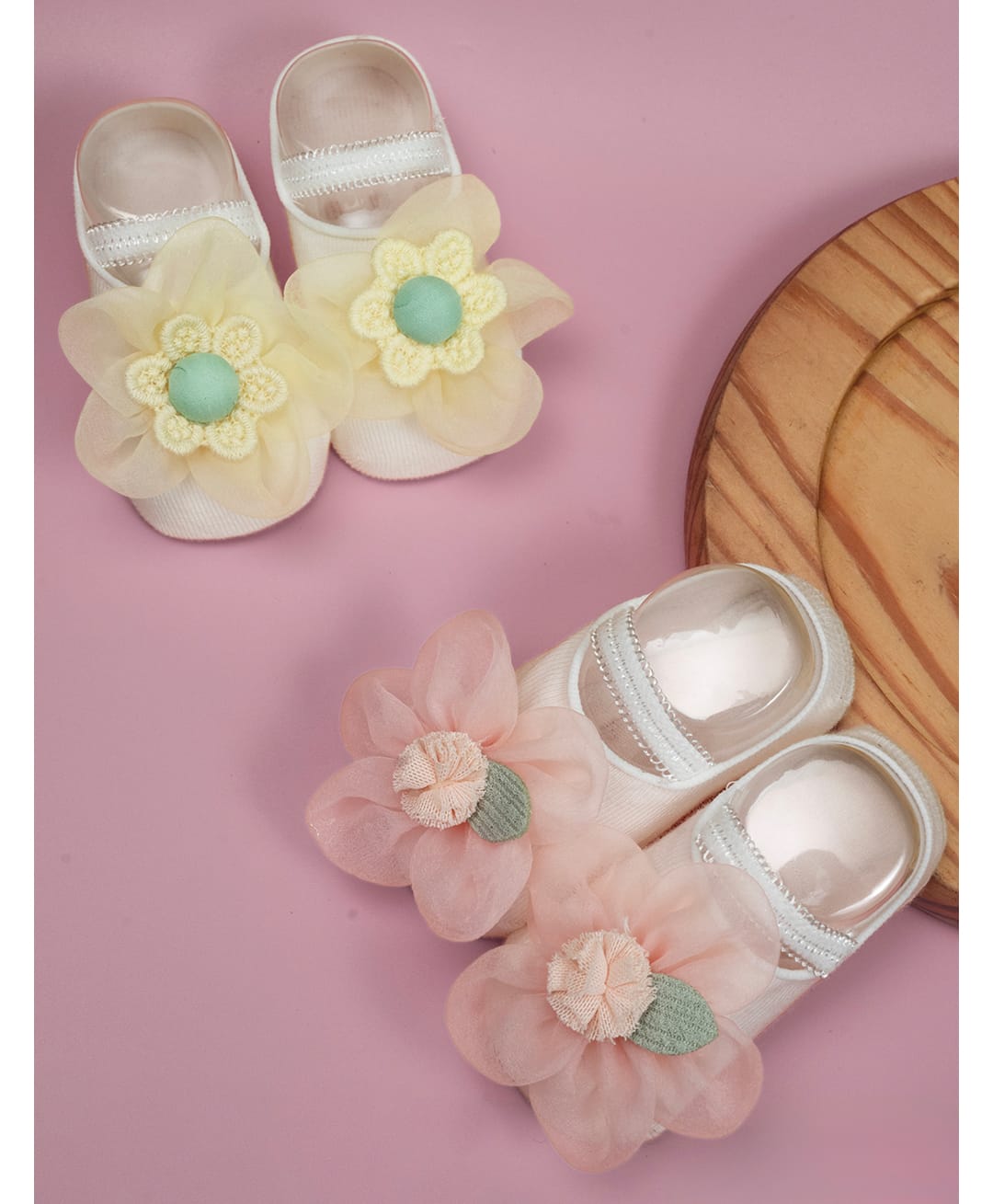Yellow Bee Cotton Knit Pack Of 2 Floral Applique Detailed Socks - Pink & Yellow-image-45