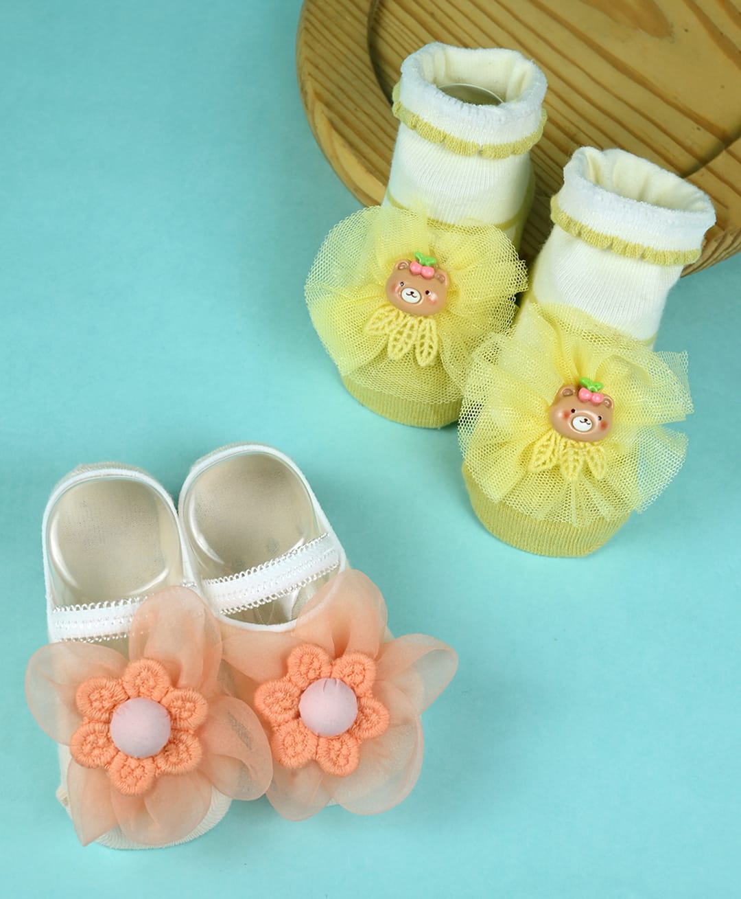 Yellow Bee Cotton Knit Pack Of 2 Bear & Floral Applique Designed Socks Set - Orange & Yellow-image-5