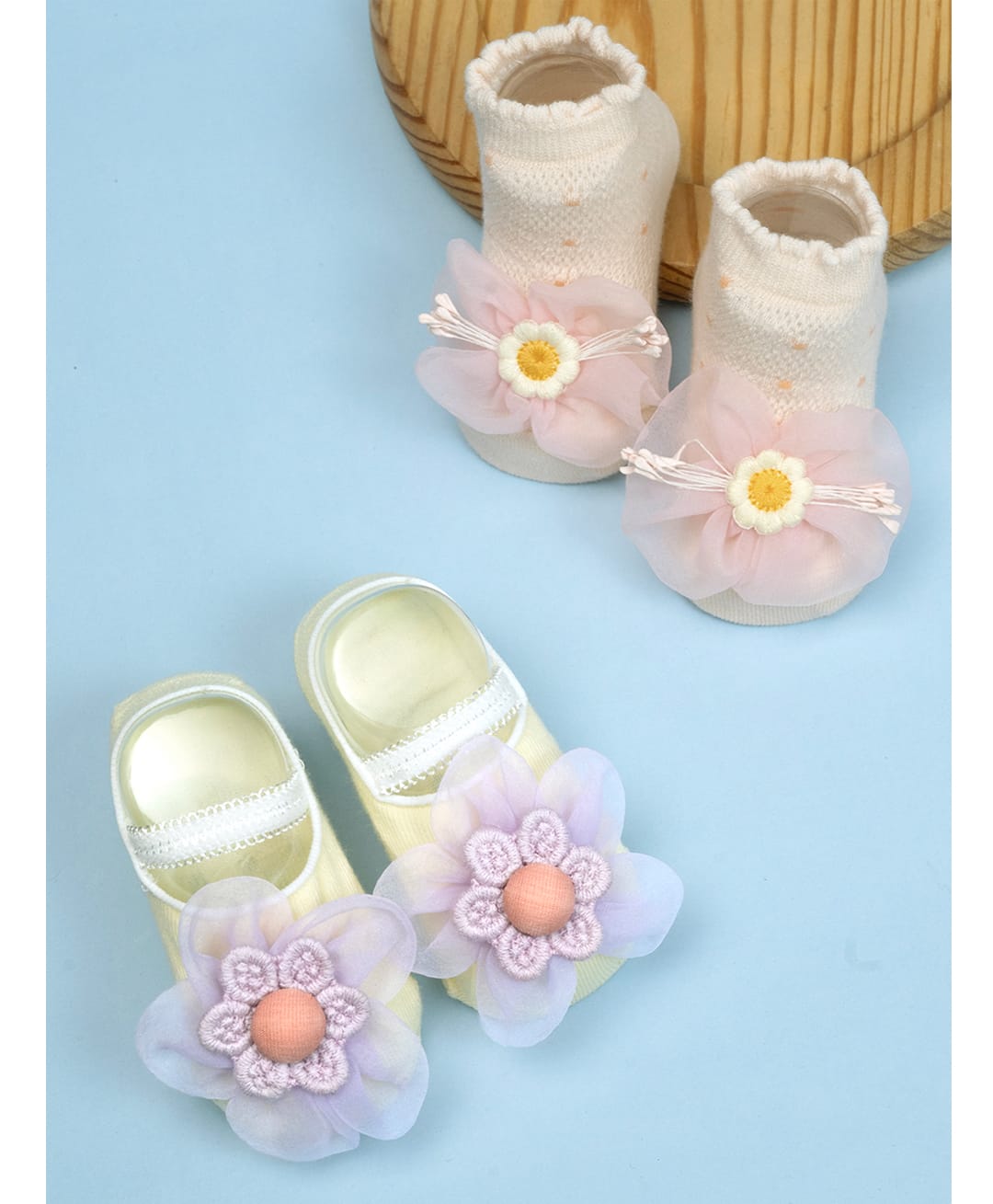Yellow Bee Cotton Knit Pack Of 2 Floral Applique Designed Socks Set - Pink & Purple-image-38