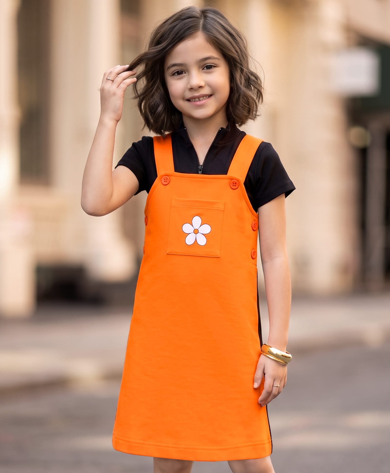 Ollington St. Cotton Lycra Rib Knit Half Sleeves T-Shirt With Floral Printed Waffle Knit Pinafore - Black & Orange-image-21