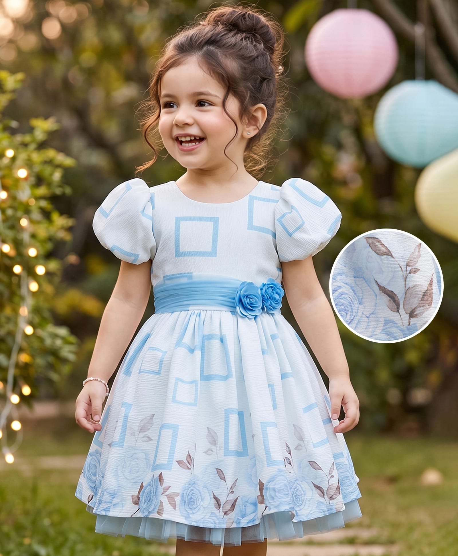 Mark & Mia Woven Half Puffed Sleeves Party Dress with Floral Print & Applique - Blue-picture-11