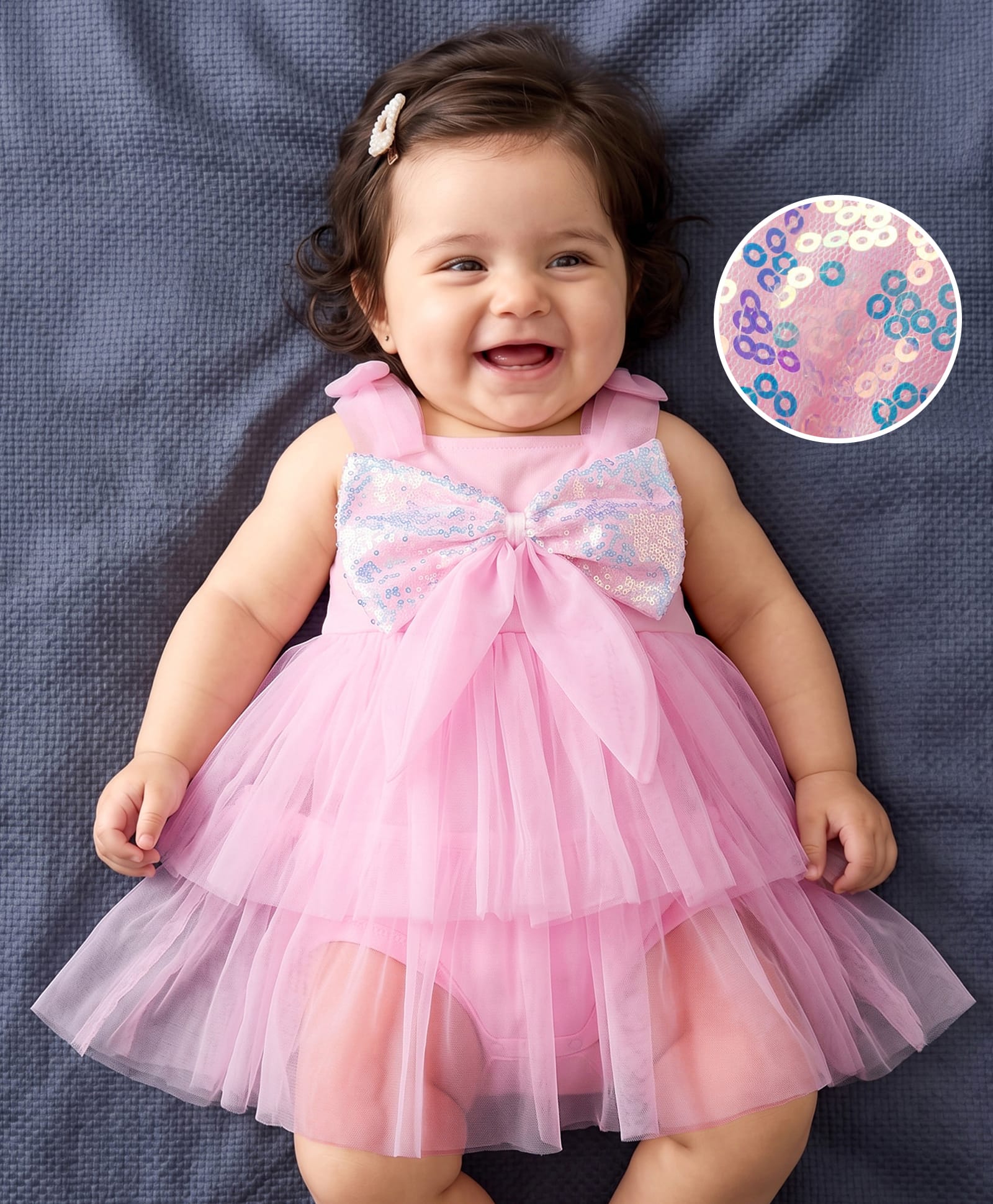 Mark & Mia Woven Sleeveless Party Wear Onesie With Sequinned Bow Applique - Pink-image-49