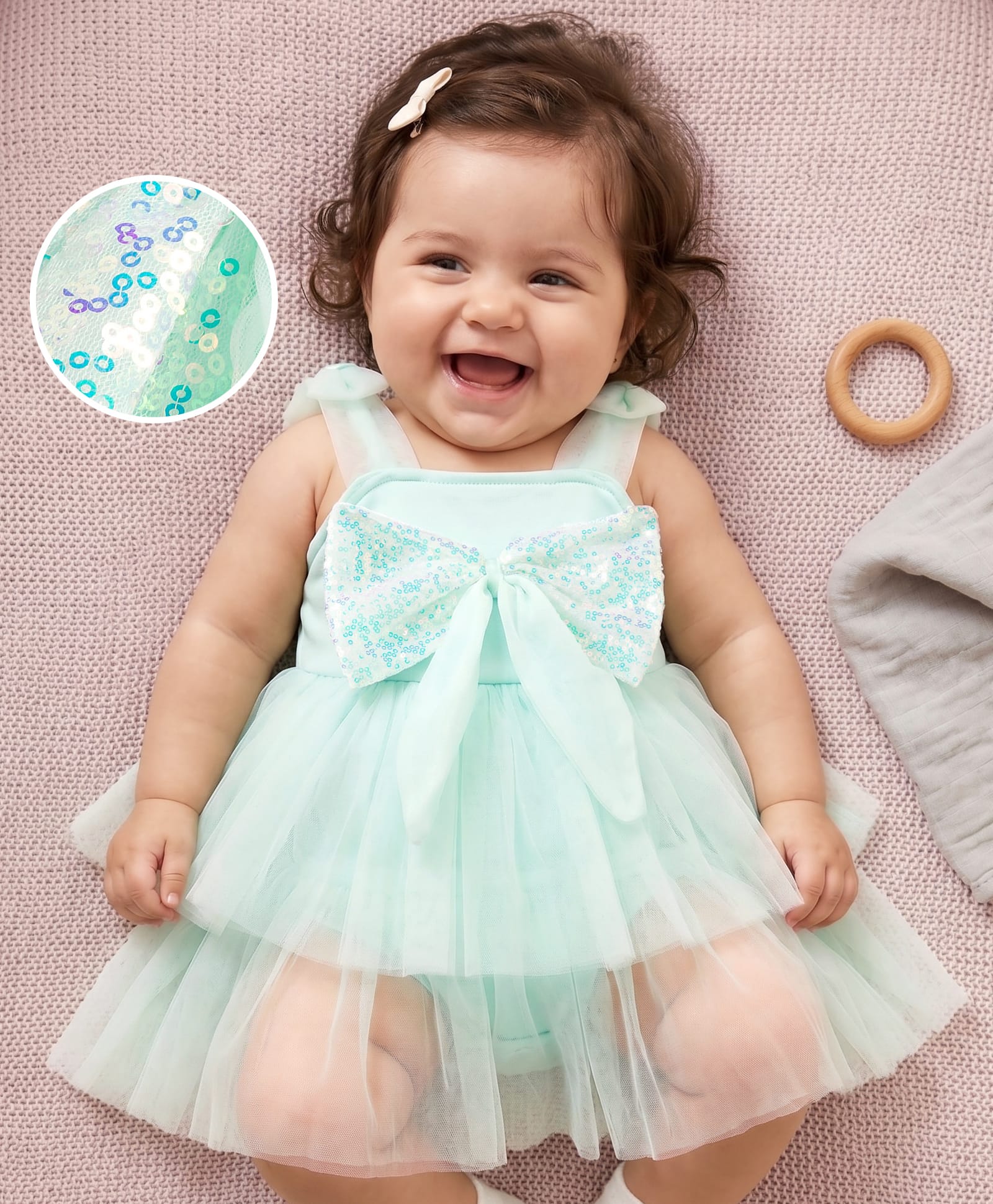 Mark & Mia Woven Sleeveless Party Wear Onesie With Sequinned Bow Applique - Sea Green-image-43
