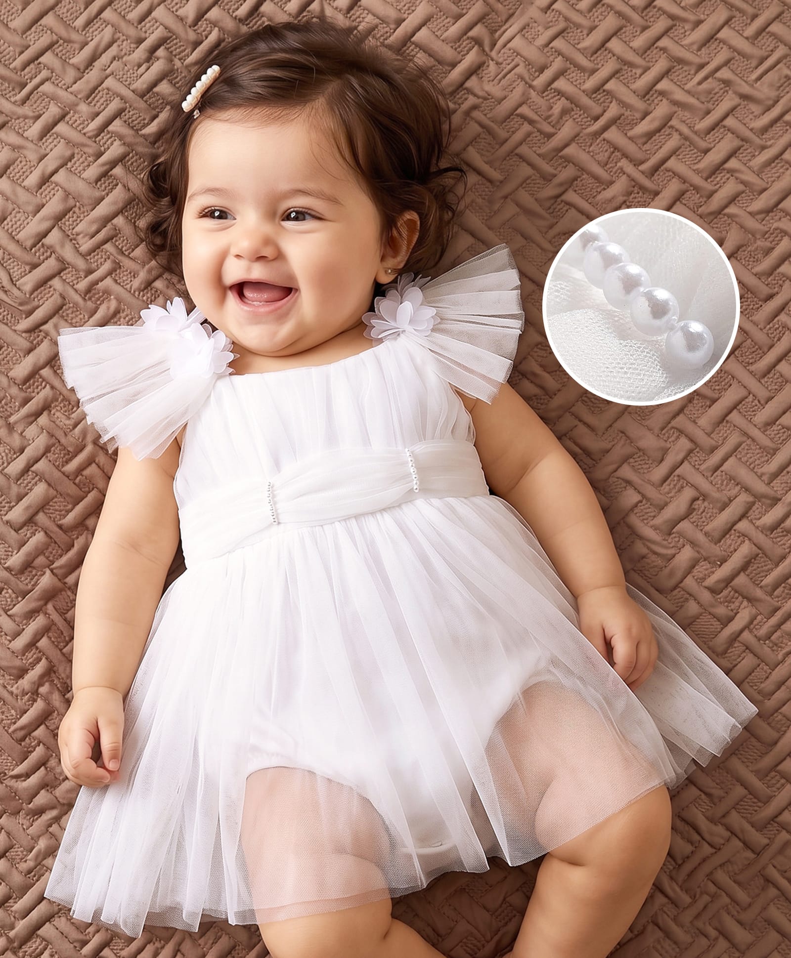 Mark & Mia Woven Half Sleeves Solid Frock Style Party Onesie with Floral Applique - White-image-41