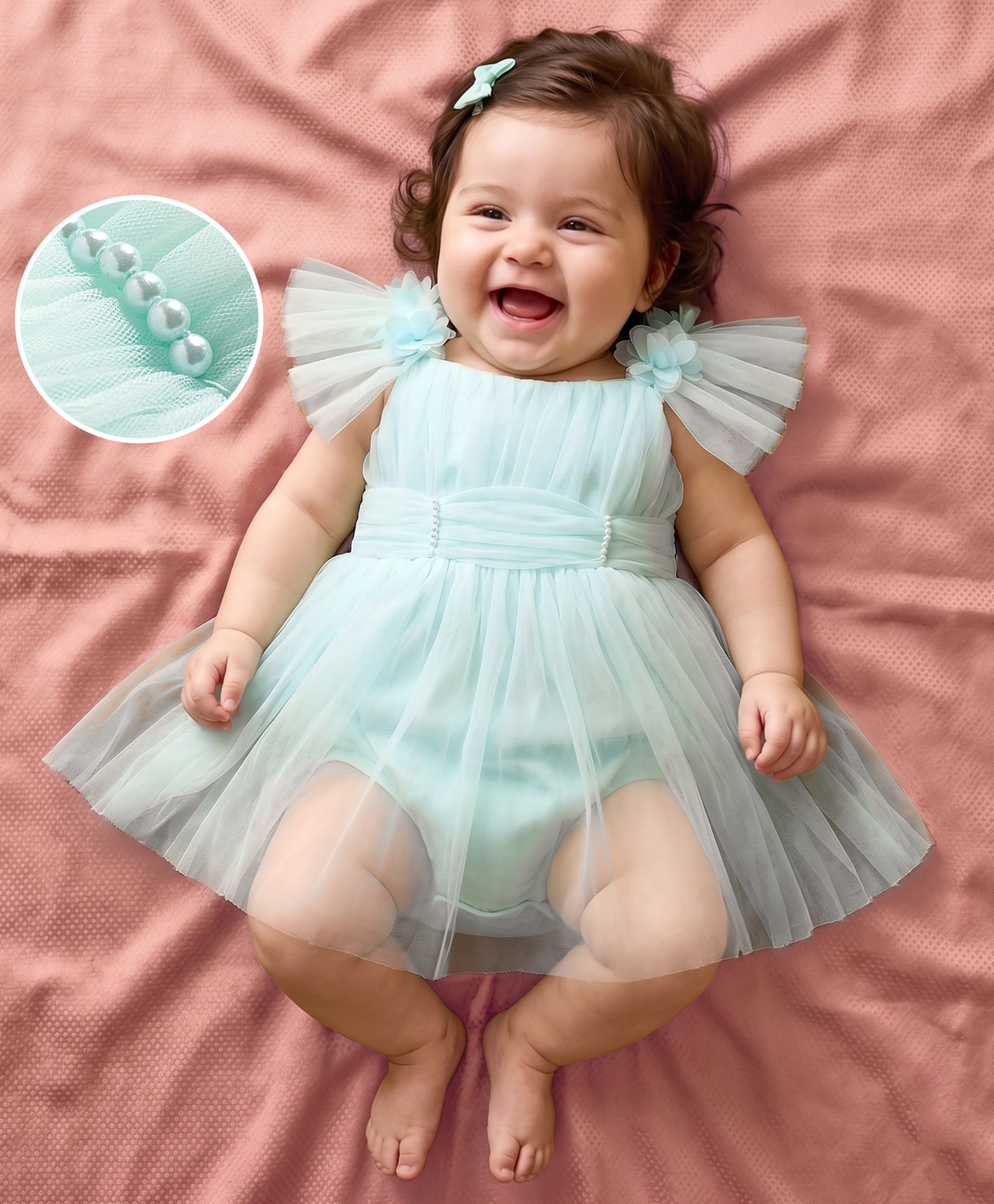 Mark & Mia Woven Half Sleeves Solid Frock Style Party Onesie with Floral Applique - Sea Green-image-42