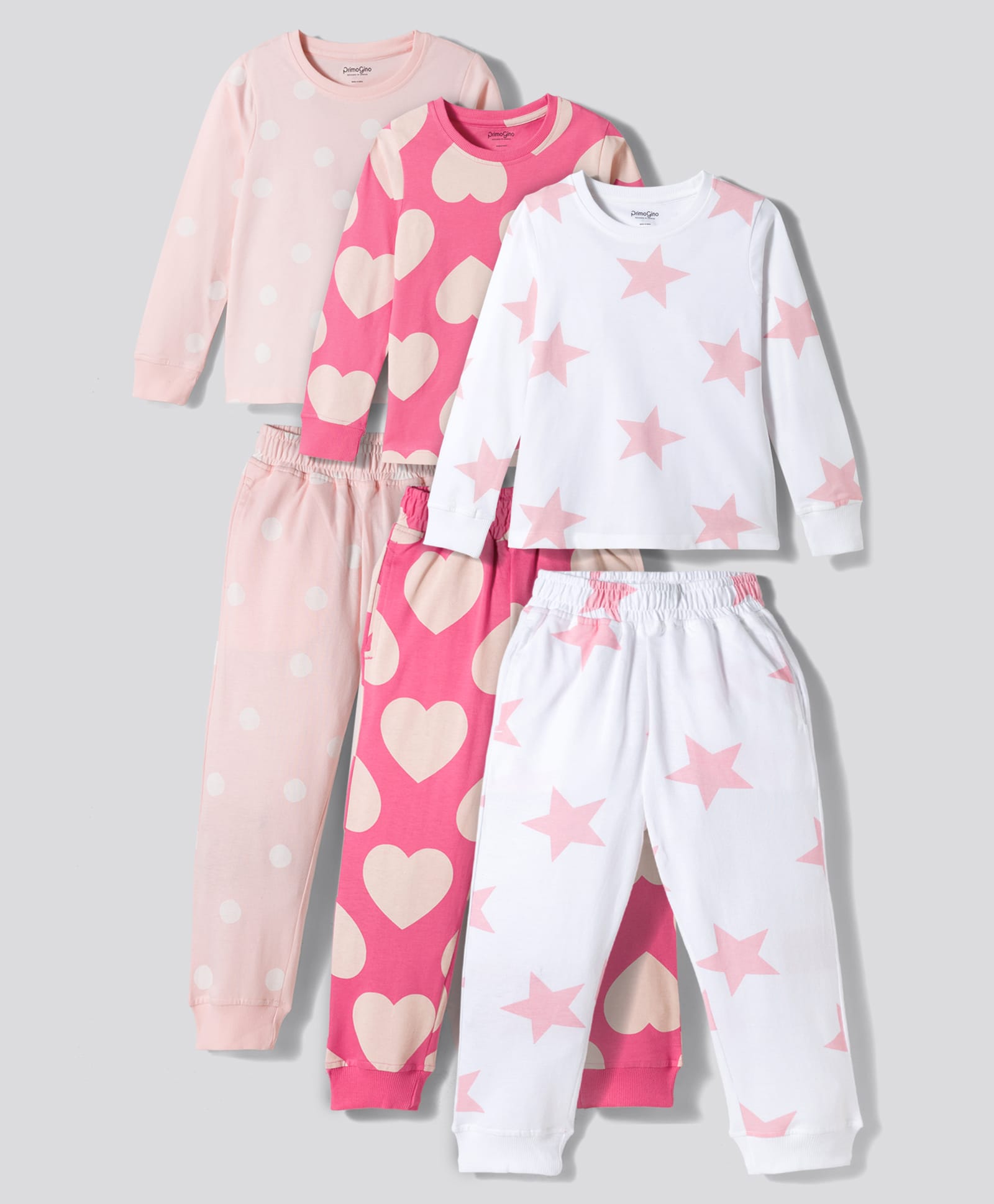 Primo Gino 100% Cotton Knit Full Sleeves Polka Dots Star & Hearts Printed Co-ords T-Shirt & Pyjama Night Suits Pack of 3 - White Pink & Red-image-22