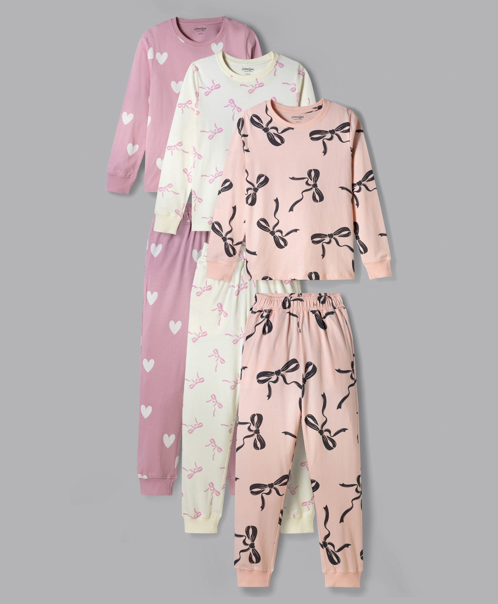 Primo Gino 100% Cotton Knit Full Sleeves Co-Ords T-Shirt & Pyjama Night-Suit With Bow & Heart Print Pack of 3 - White Peach & Light Pink-image-36