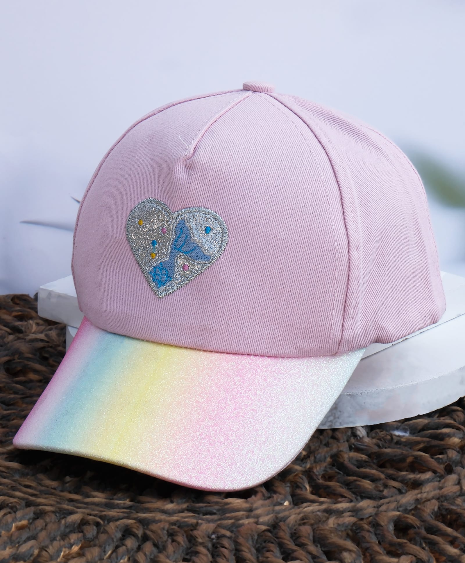 dukiekooky glitter embellished quaver note in heart embroidered baseball cap - baby pink - circumference - 54 cms