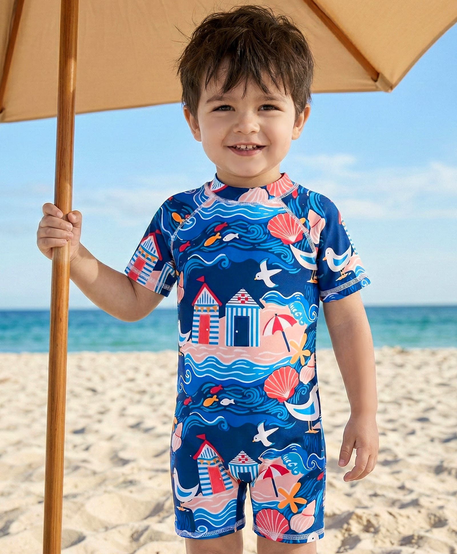 Babyhug Half Raglan Sleeves Beach Theme Printed Legged Swimsuit - Navy Blue-image-24