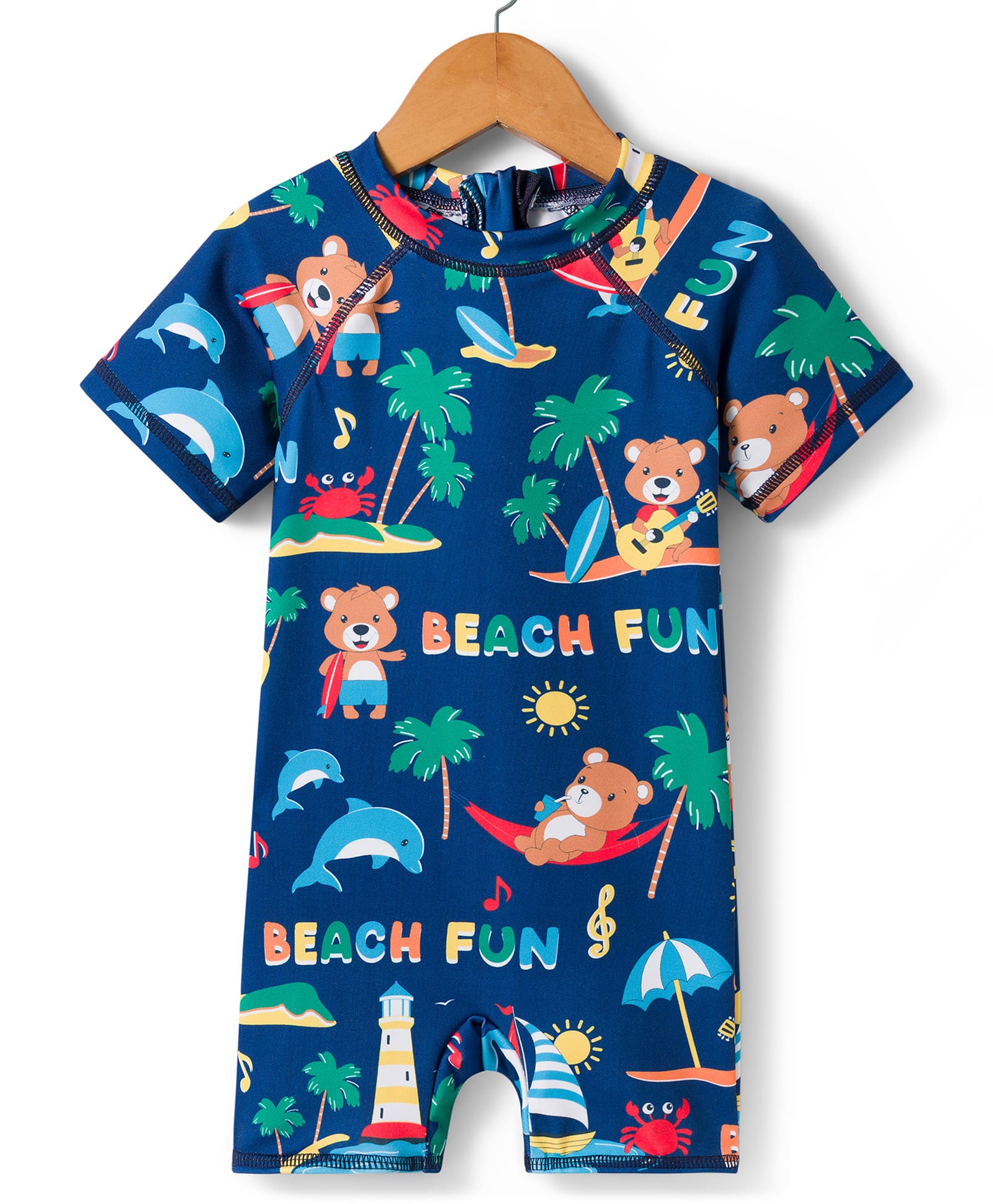 Babyhug Water Repellant Half Raglan Sleeves Beach Theme Printed Legged Swimsuit - Navy Blue-image-18