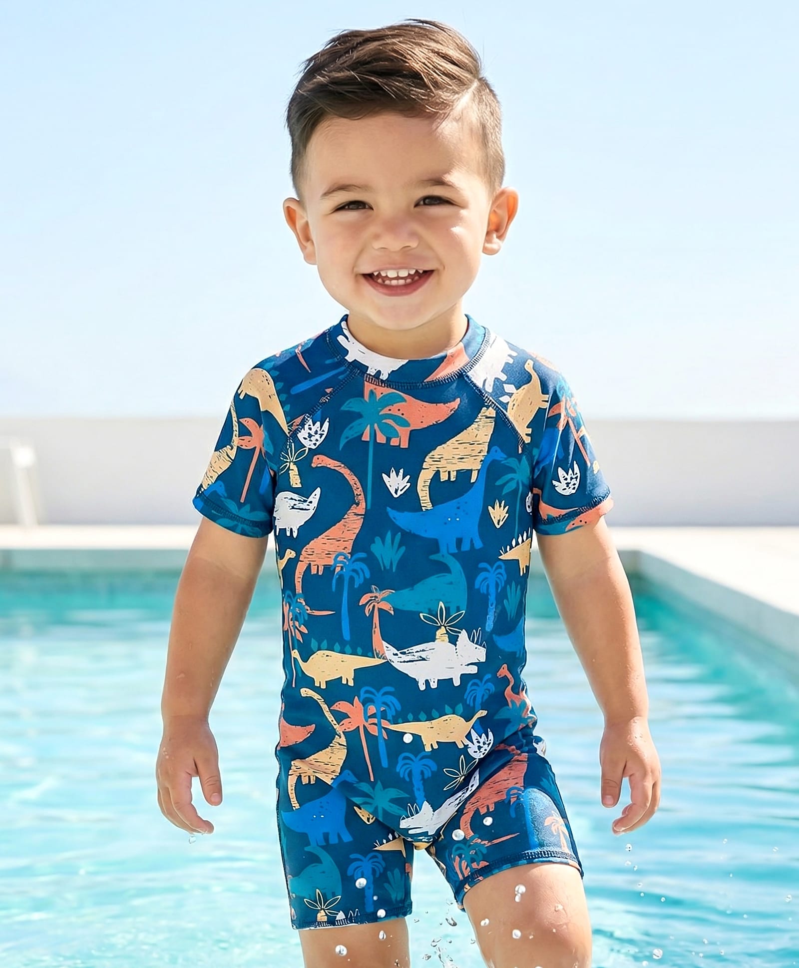 Babyhug Water Repellant Half Raglan Sleeves Legged Swimsuit With Dino Print - Navy Blue-image-47