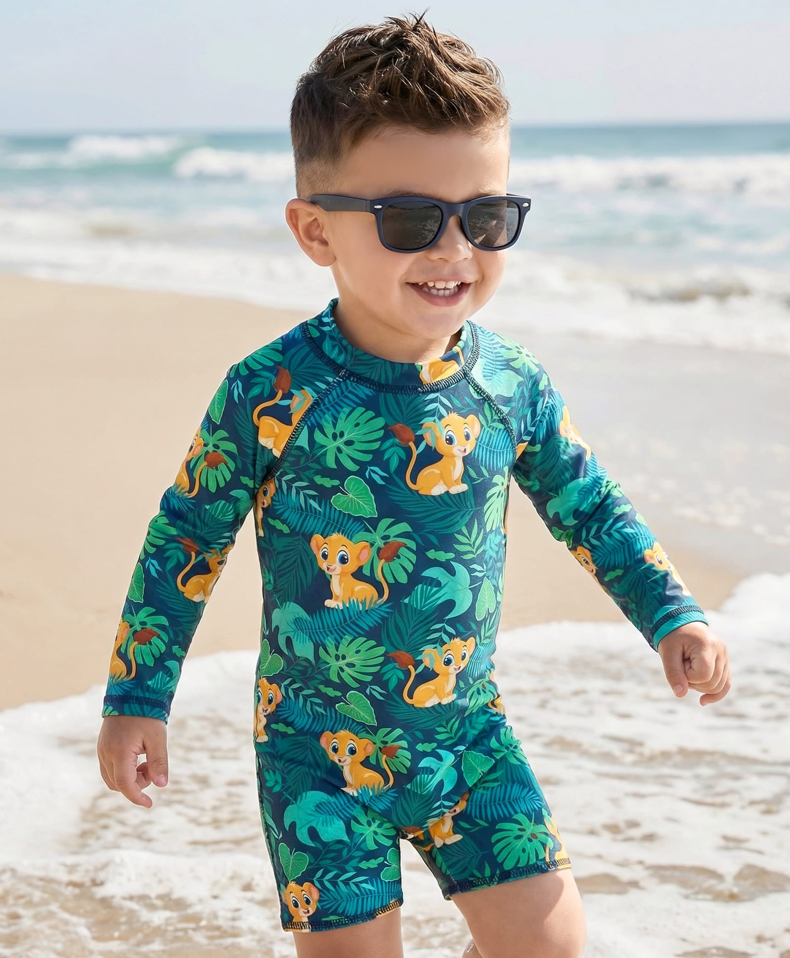 Babyhug Water Repellent Full Raglan Sleeves Legged Swimsuit With Lion Print - Navy Blue-image-46