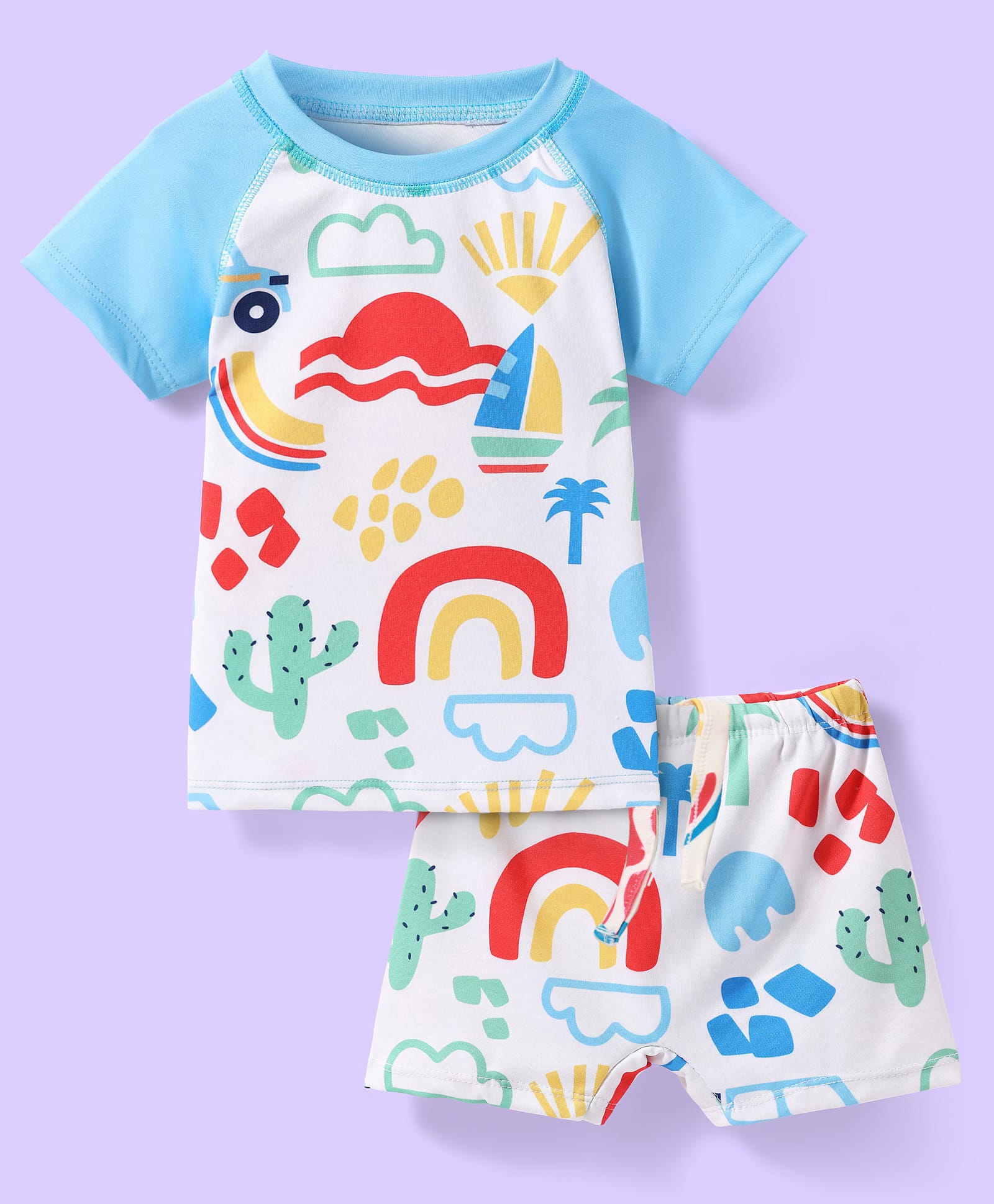 Babyhug Water Repellant Half Raglan Sleeves Beach Theme Printed Two Piece Swimsuit - Light Blue