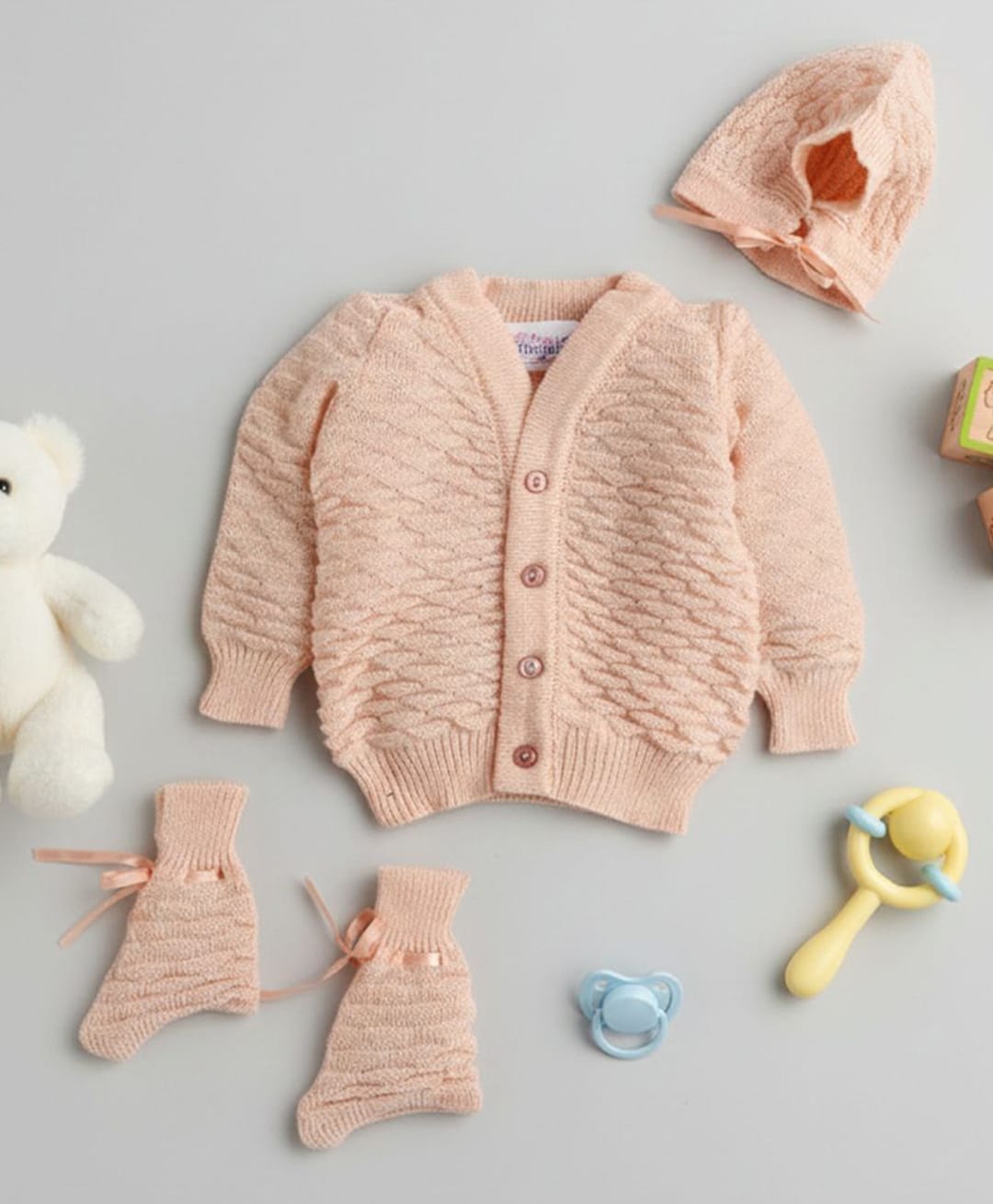 Little Angels Woollen Knit Full Sleeves Self Designed Cardigan With Cap & Socks - Peach-image-37