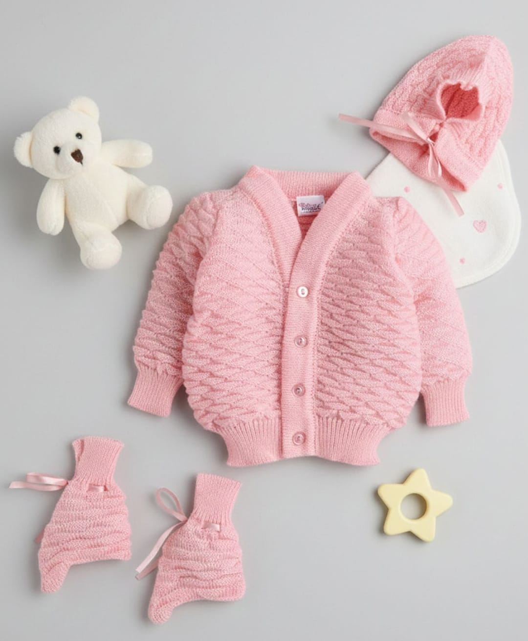 Little Angels Woollen Knit Full Sleeves Self Designed Cardigan With Cap & Socks - Pink-image-38