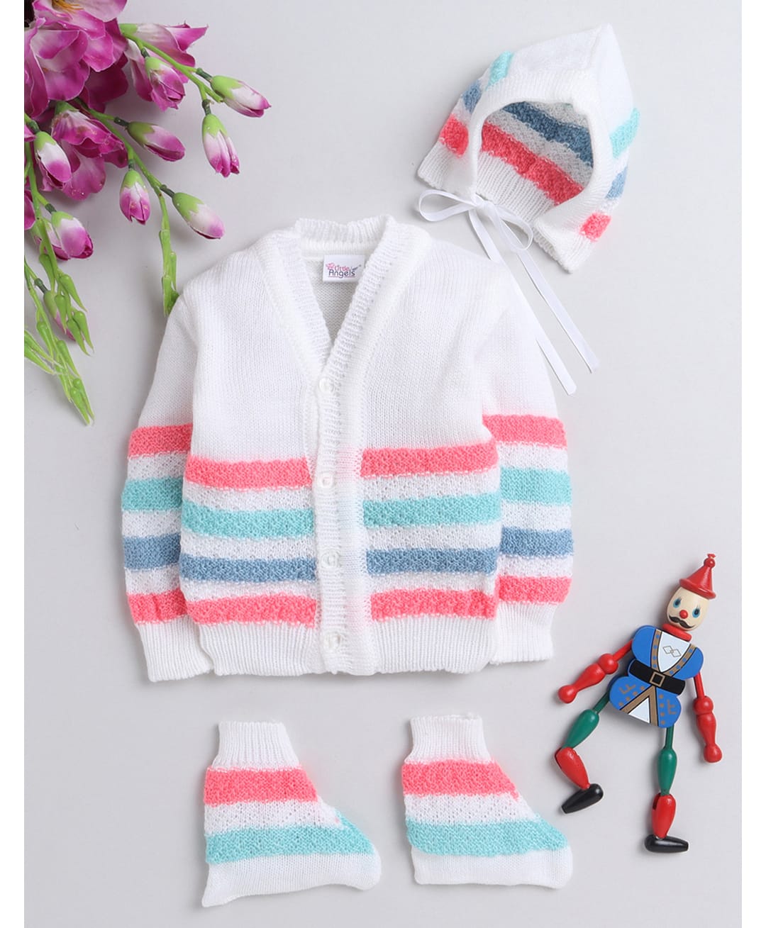 Little Angels Woollen Knit Full Sleeves Striped Cardigan With Cap & Socks - White-image-49
