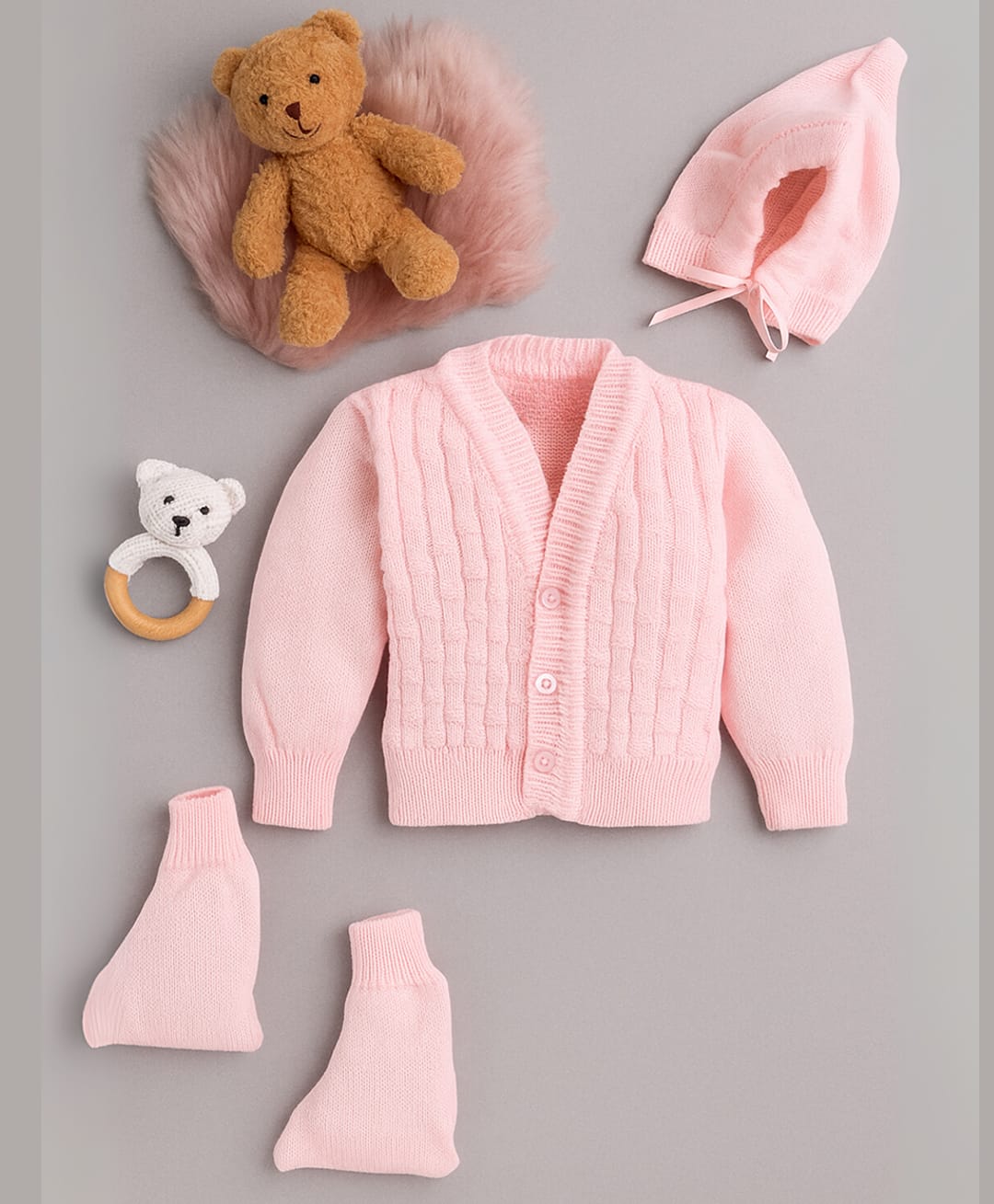 Little Angels Woollen Knit Full Sleeves Self Designed Cardigan With Cap & Socks - Pink-image-41