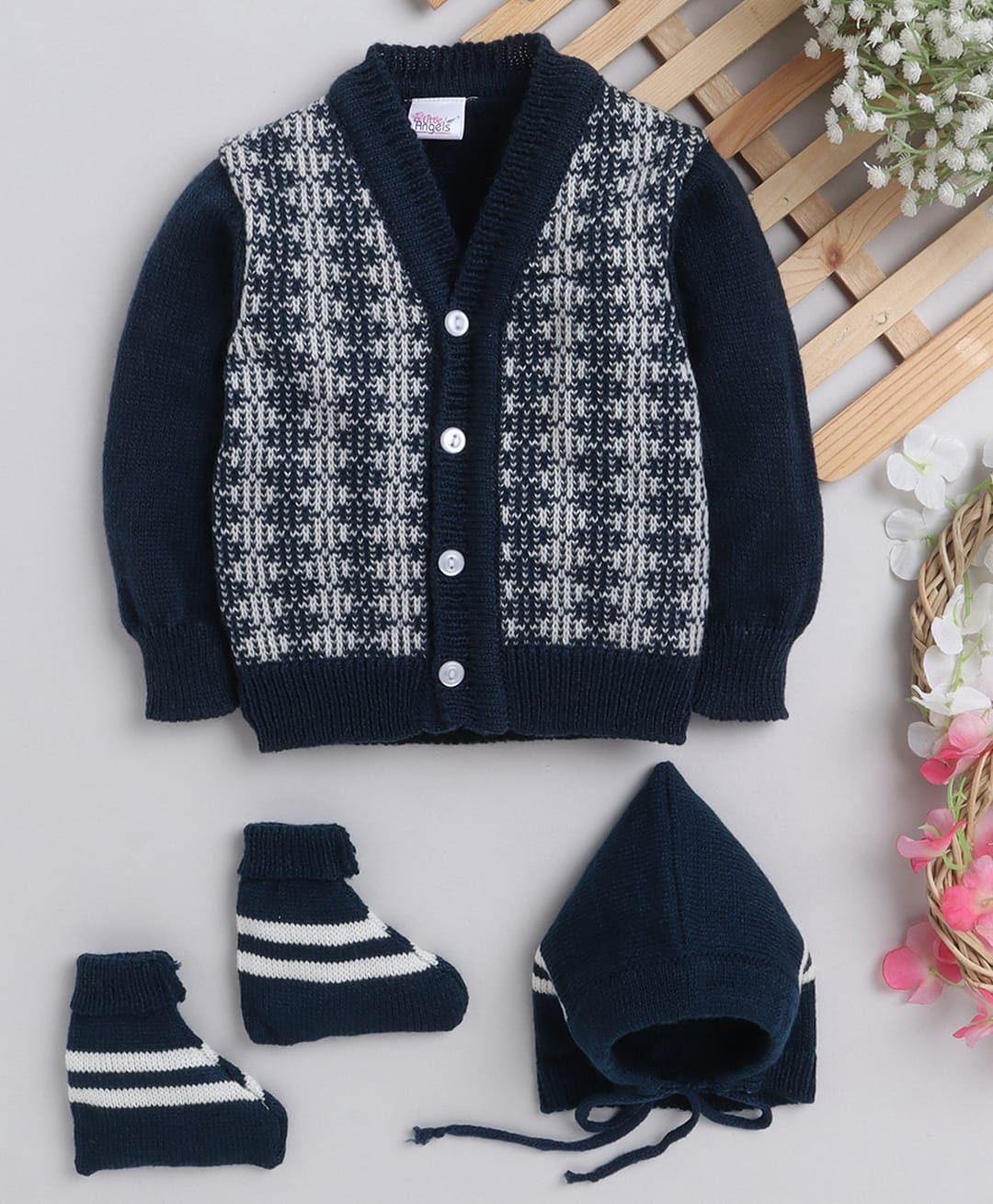Little Angels Woollen Knit Full Sleeves Abstract Designed Cardigan With Cap & Socks - Navy Blue-image-10
