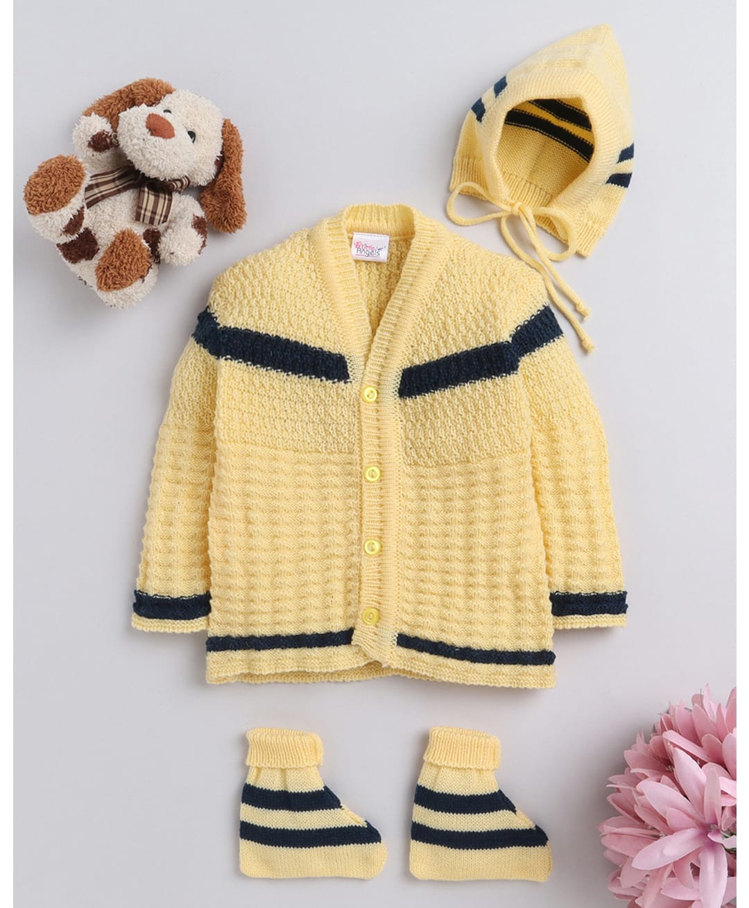 Little Angels Woollen Knit Full Sleeves Striped Cardigan With Cap & Socks - Yellow-image-47