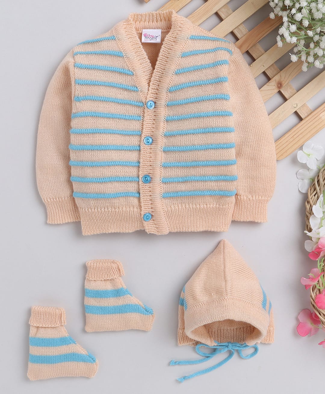 Little Angels Woollen Knit Full Sleeves Striped Cardigan With Cap & Socks - Peach-image-35