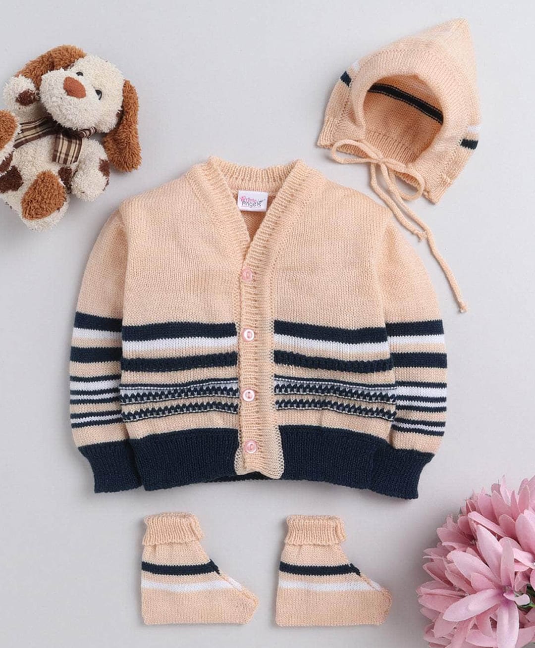 Little Angels Woollen Knit Full Sleeves Striped Cardigan With Cap & Socks - Peach & Navy Blue-image-34