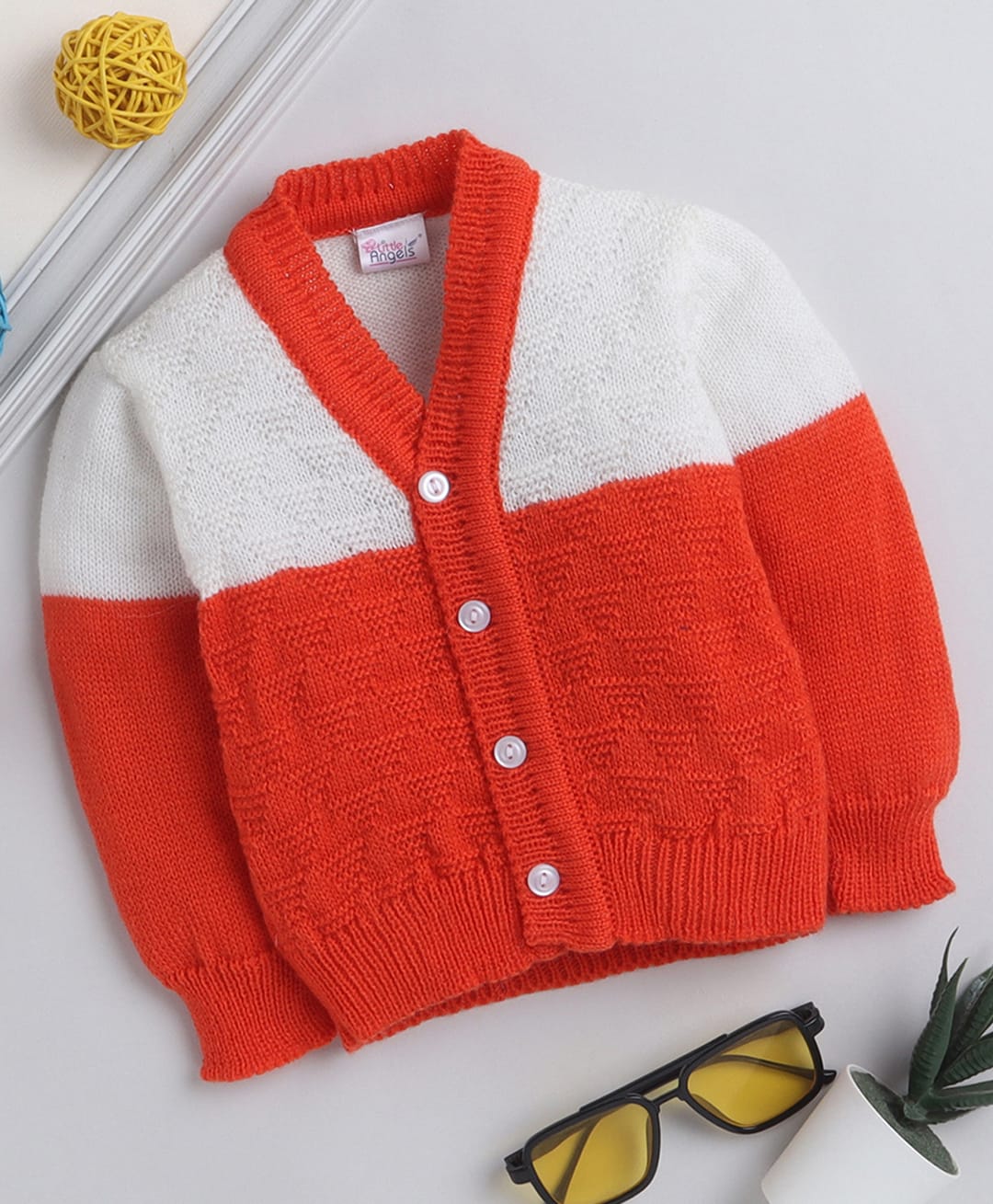 Little Angels Woollen Knit Full Sleeves Colour Blocked Cardigan - Orange-image-11