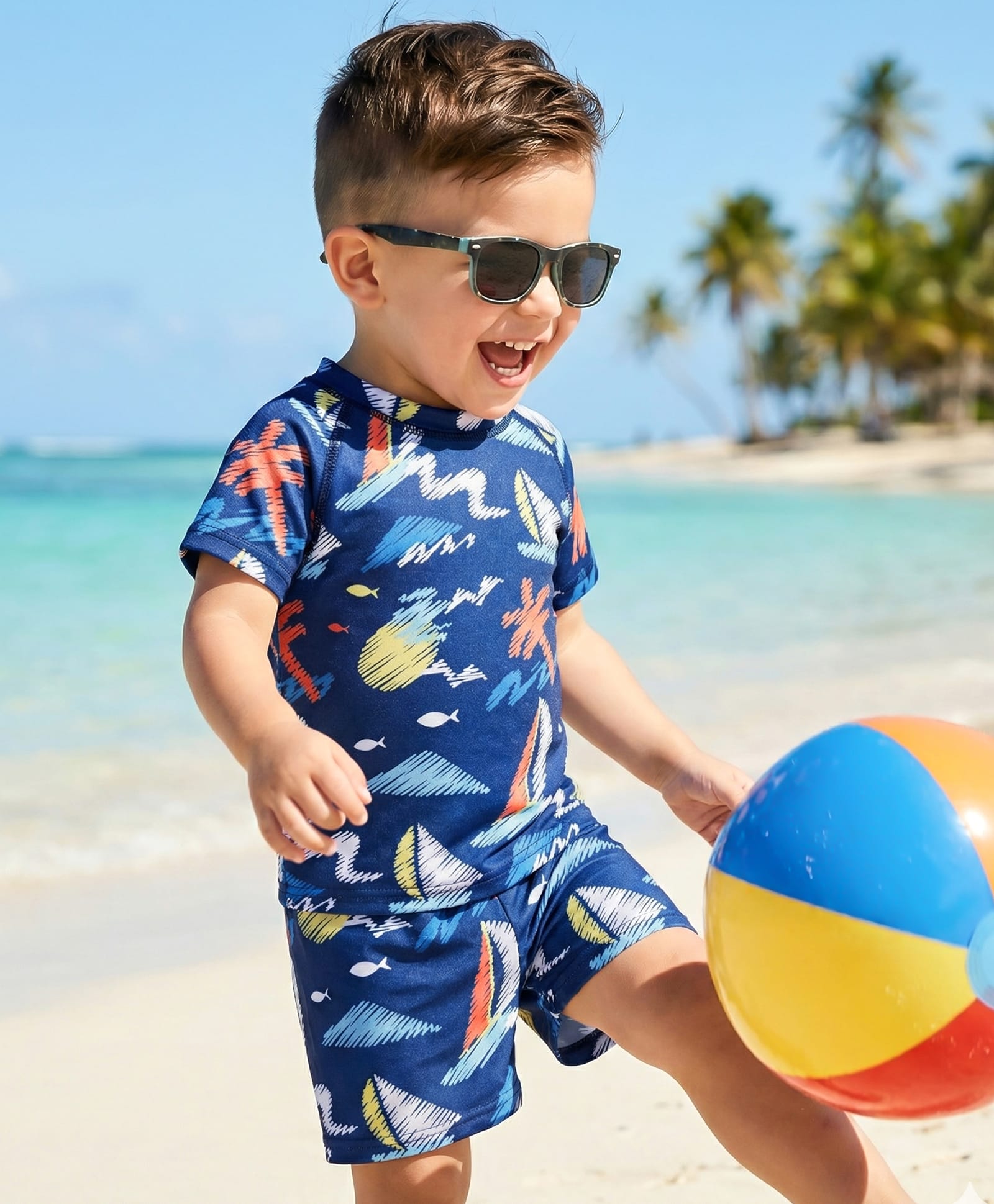 Babyhug Half Raglan Sleeves Beach Theme Printed Two Piece Swimsuit - Navy Blue-image-20