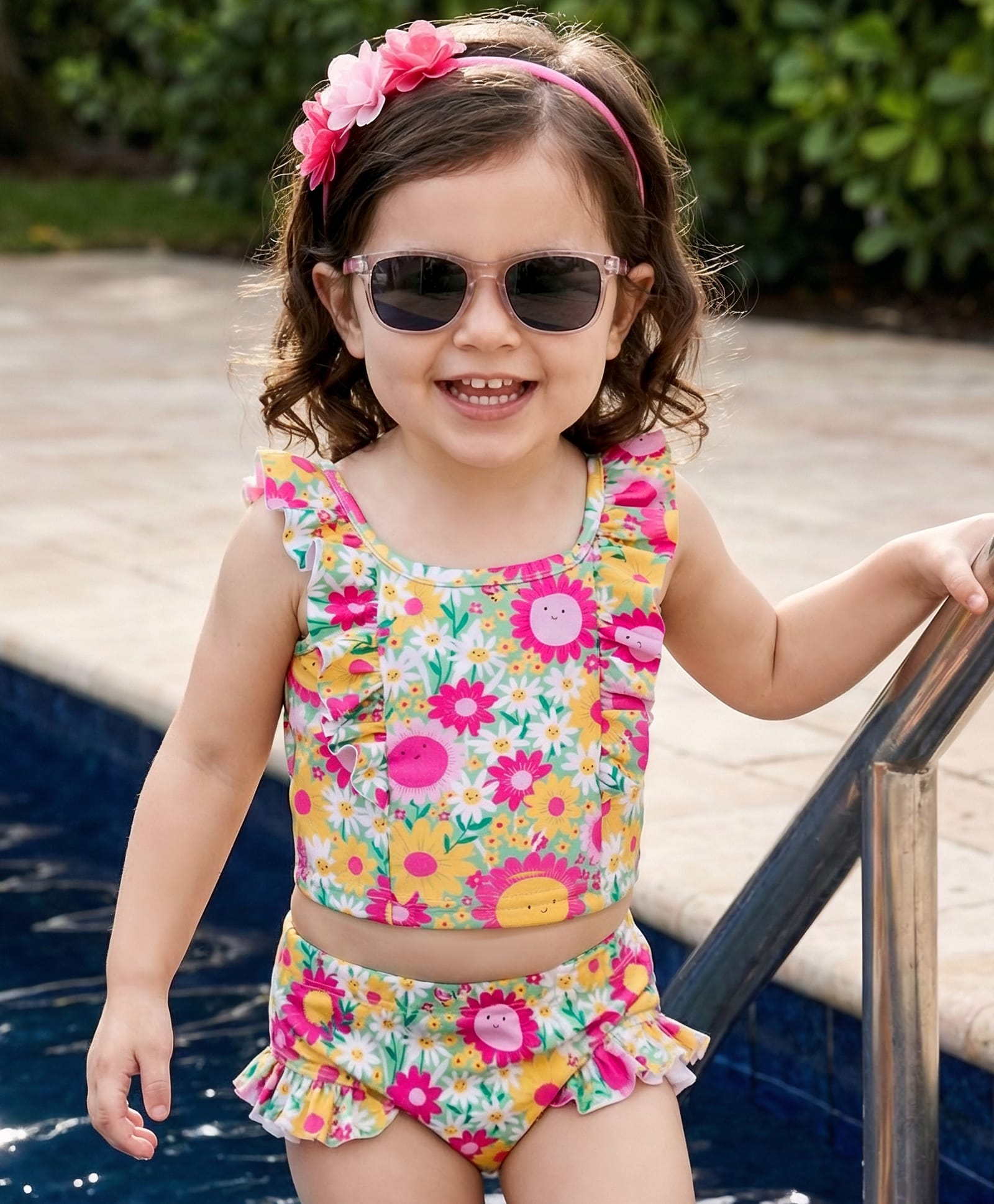 Babyhug Sleeveless Water Repellant Two Piece Swimsuit with Floral Print - Multicolor