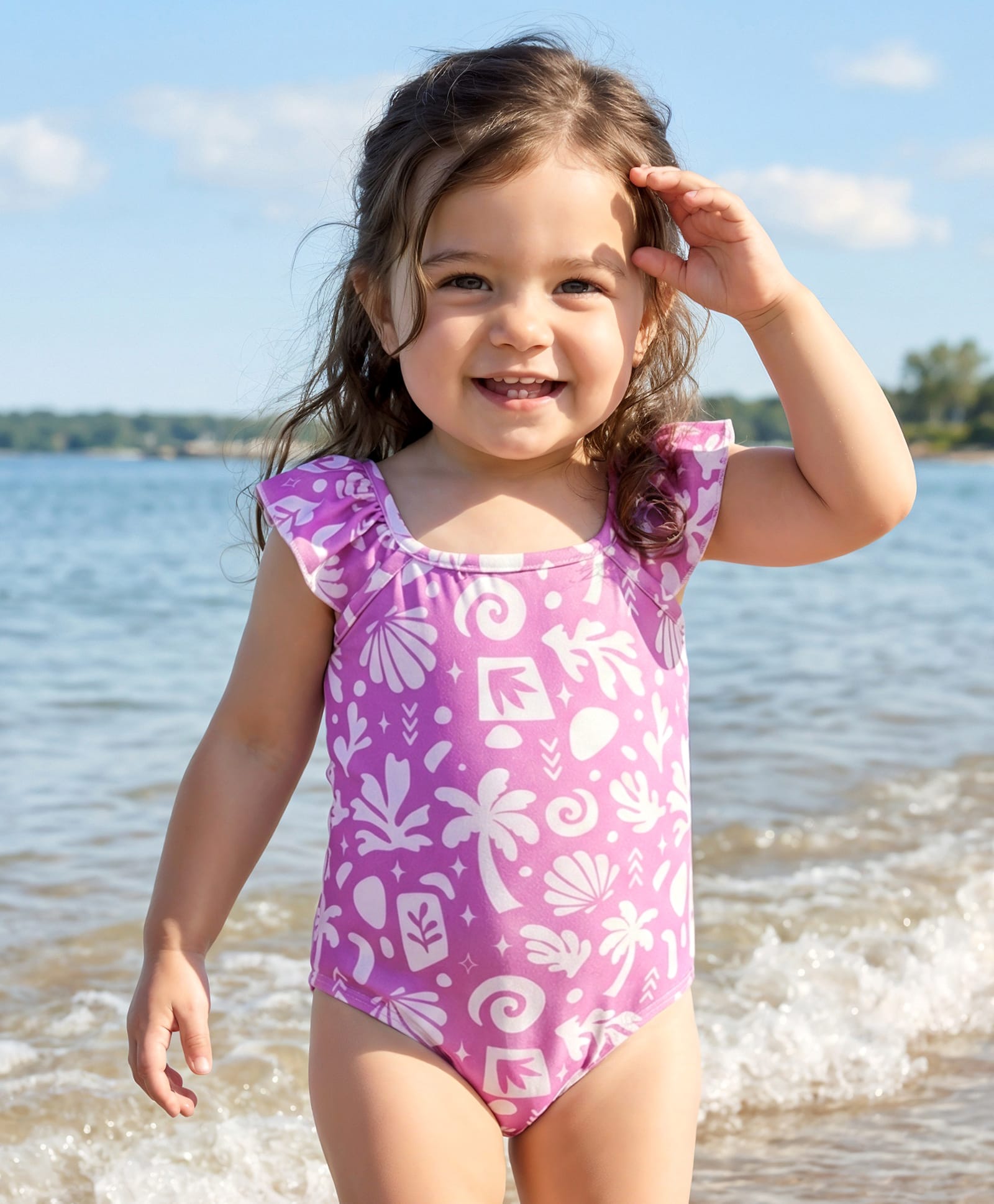 Babyhug Water Repellent Sleeveless V Cut Swimsuit With Tropical Theme Print - Purple-image-25
