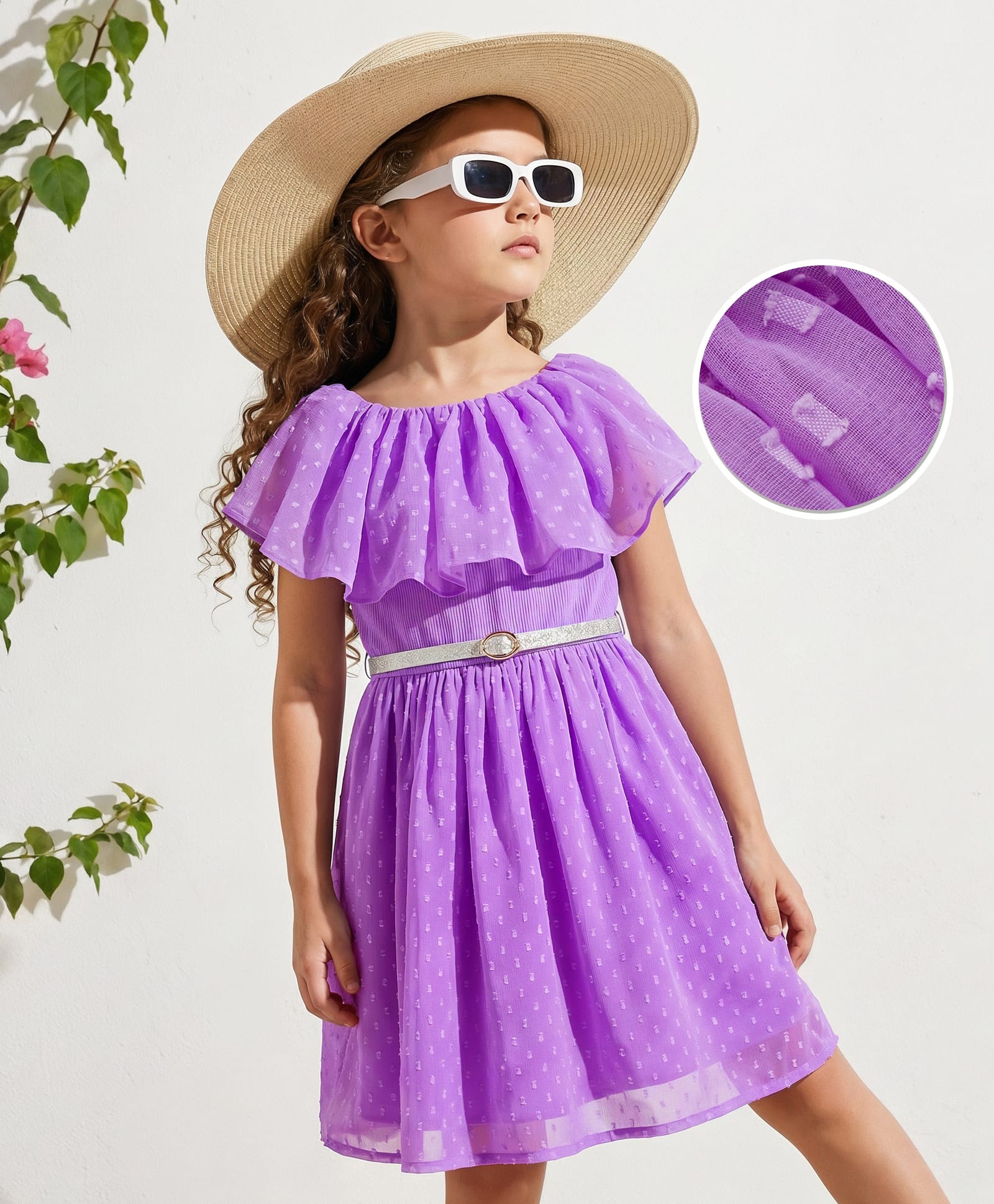 Hola Bonita Woven Half Sleeves Solid Dress With Belt - Lilac-image-3