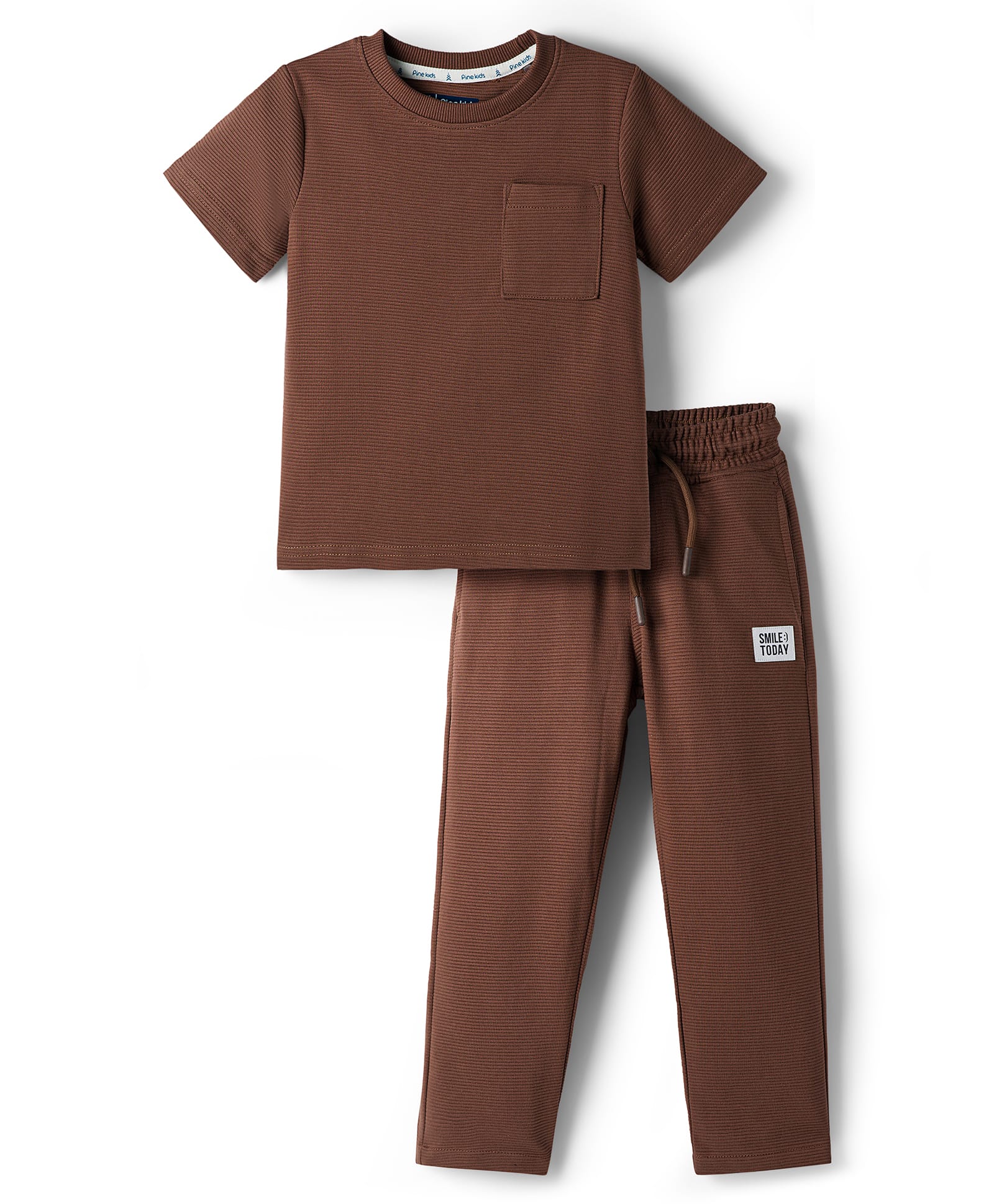 Pine Kids Ottoman Knit Half Sleeves Solid T-Shirt & Lounge Pant Set - Brown