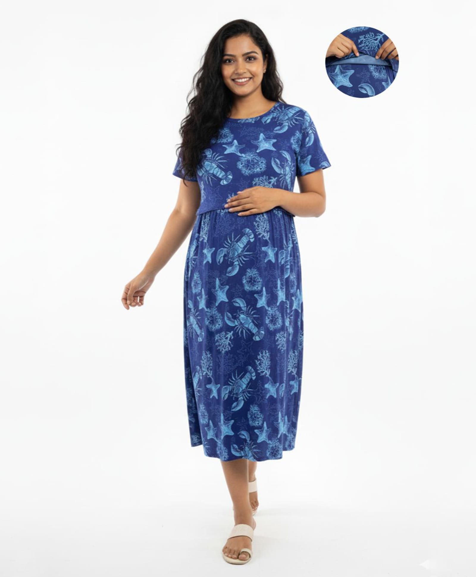 Putchi Cotton Blend Knit Half Sleeves Sea Life Printed Dress With Overlap Nursing Access - Cobalt Blue