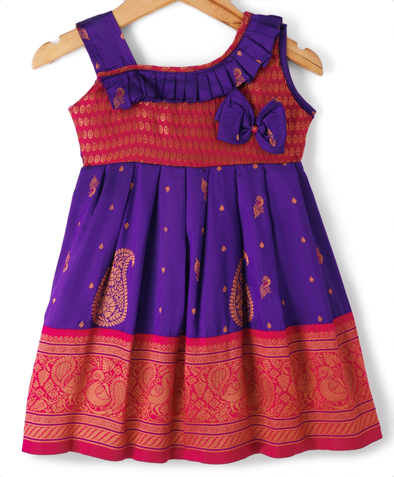 Bhartiya Paridhan Silk Woven Sleeveless Ethnic Dress with Paisley Foil Print & Bow Applique - Purple-picture-23