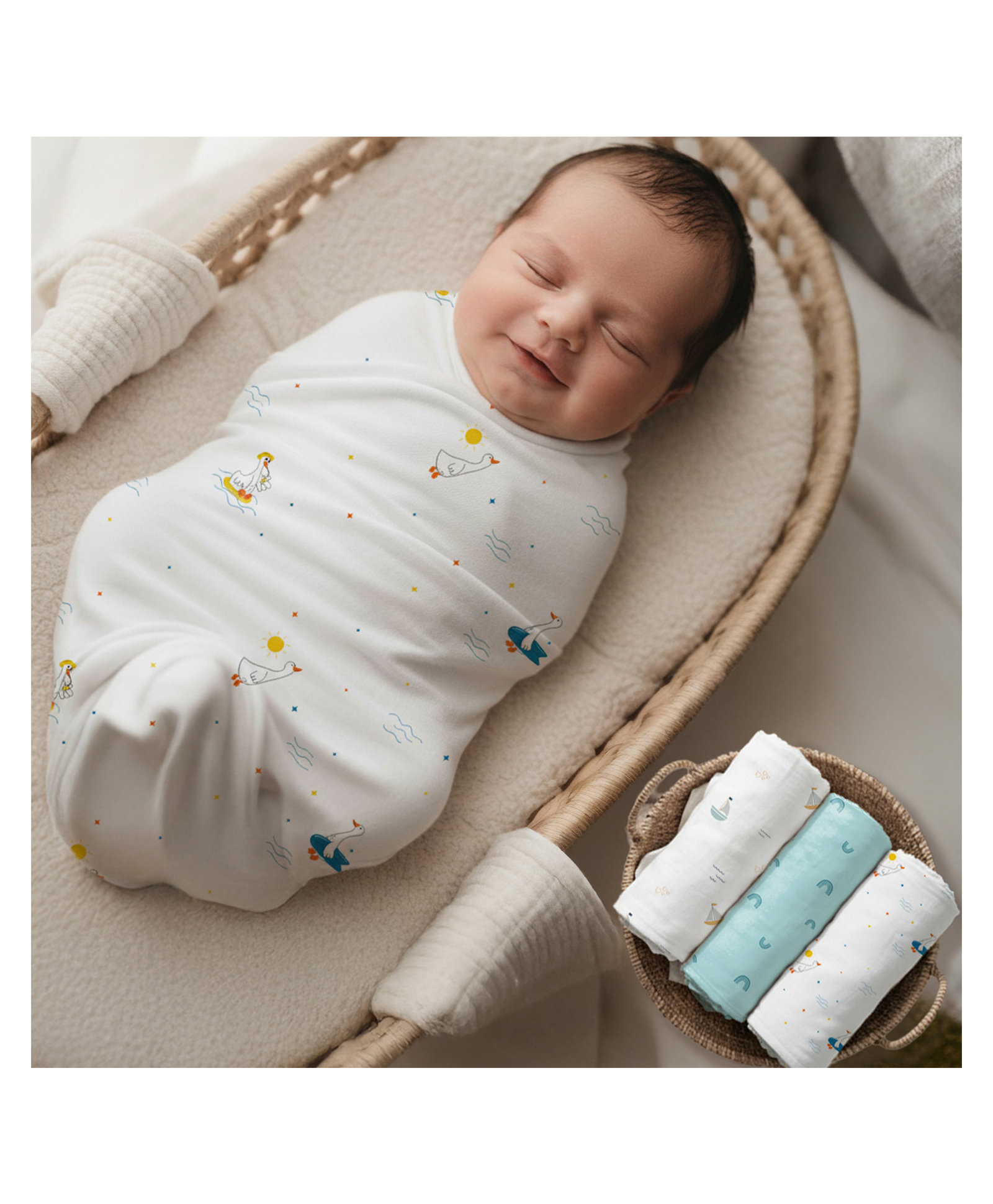 R for Rabbit 100% Cotton Muslin Baby Wrap With Duck Print Pack Of 3 - Aqua Blue-picture-1