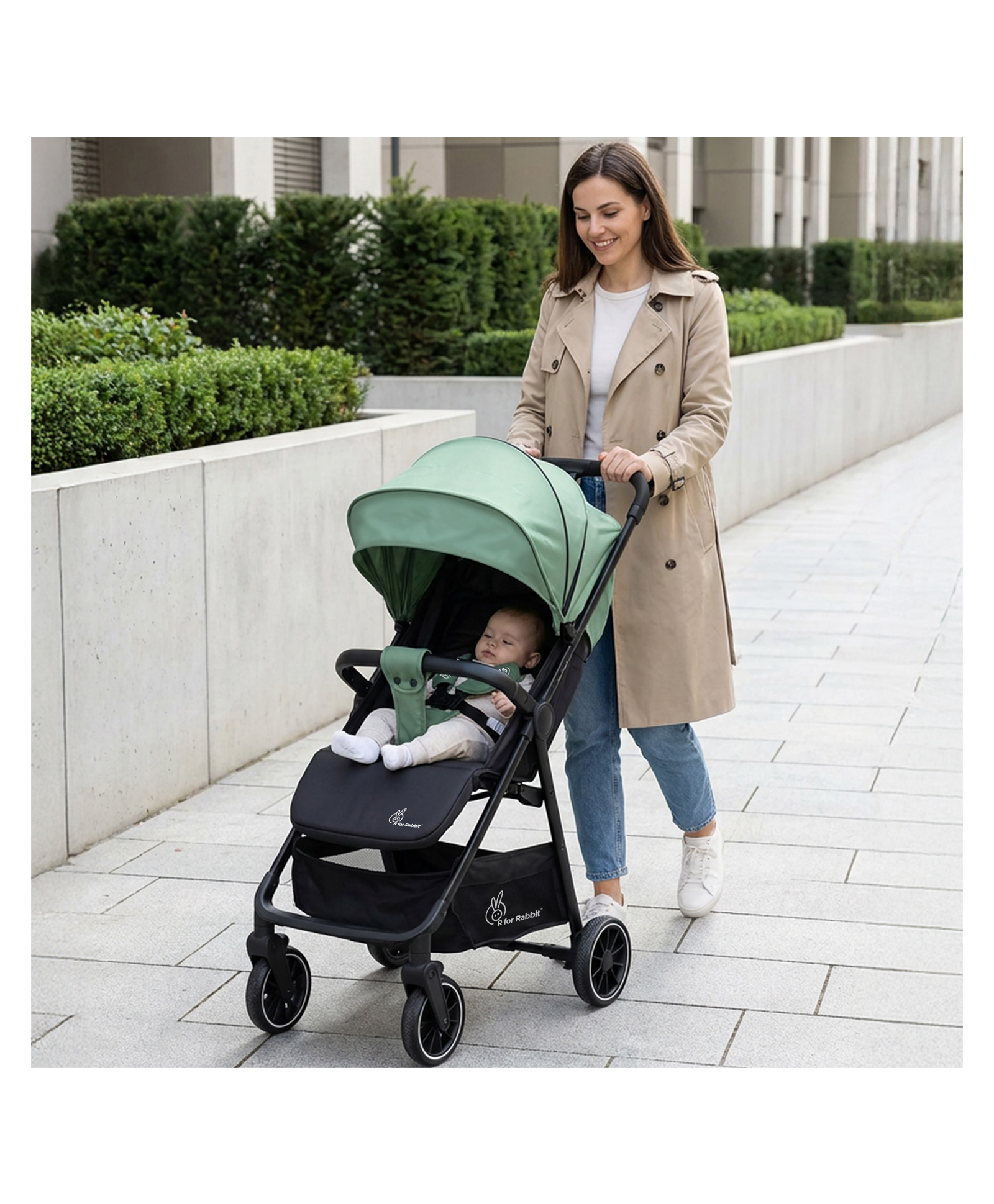 R for Rabbit Poppins Neo Baby Stroller/Pram | Foldable Design with 5-Point Safety Harness Cushioned Seat Smooth Suspension & Linked Brakes 360° Swivel Wheel - Olive Green-picture-10