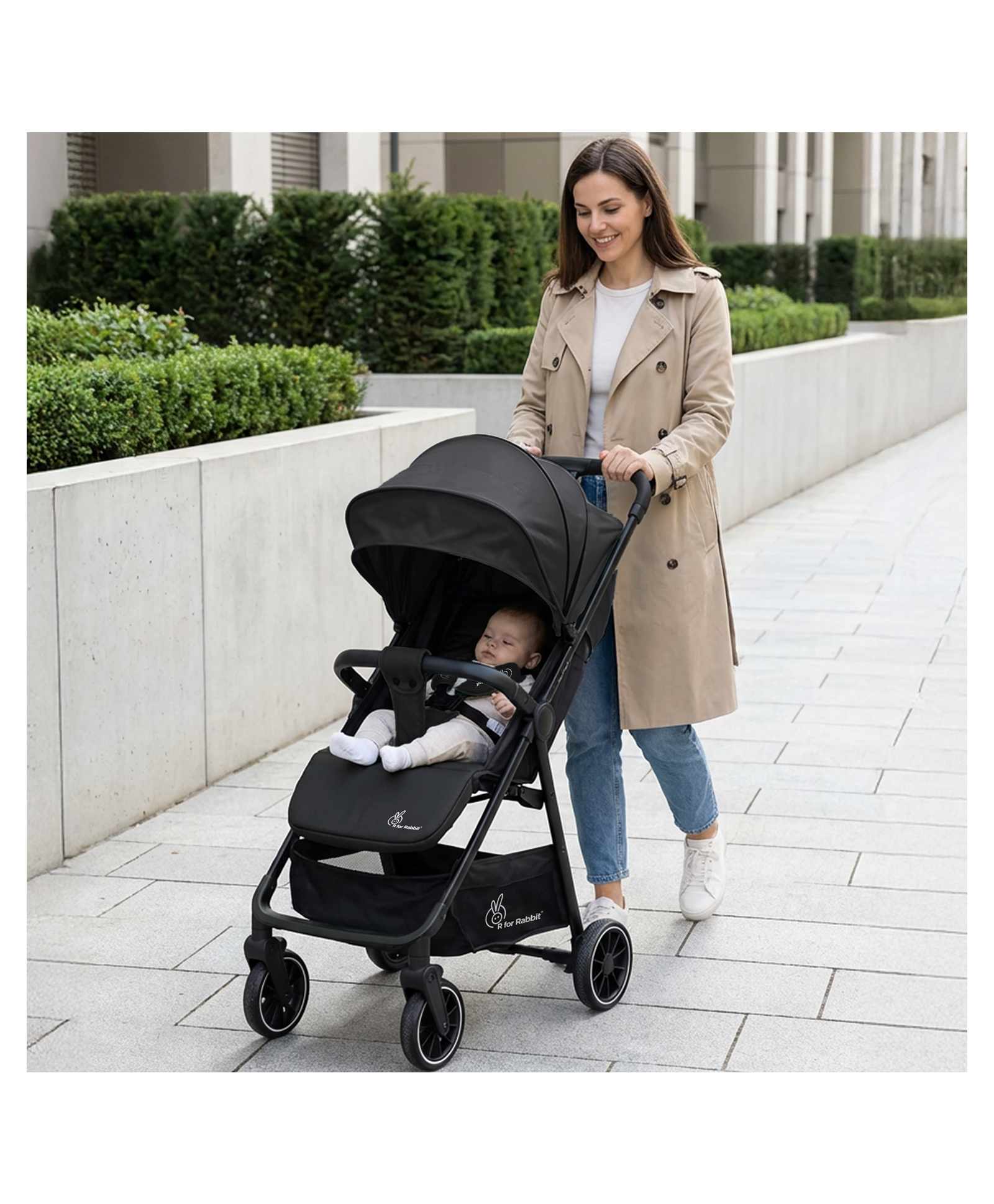 R for Rabbit Poppins Neo Baby Stroller/Pram | Foldable Design with 5-Point Safety Harness Cushioned Seat Smooth Suspension & Linked Brakes 360° Swivel Wheel - Black-picture-14