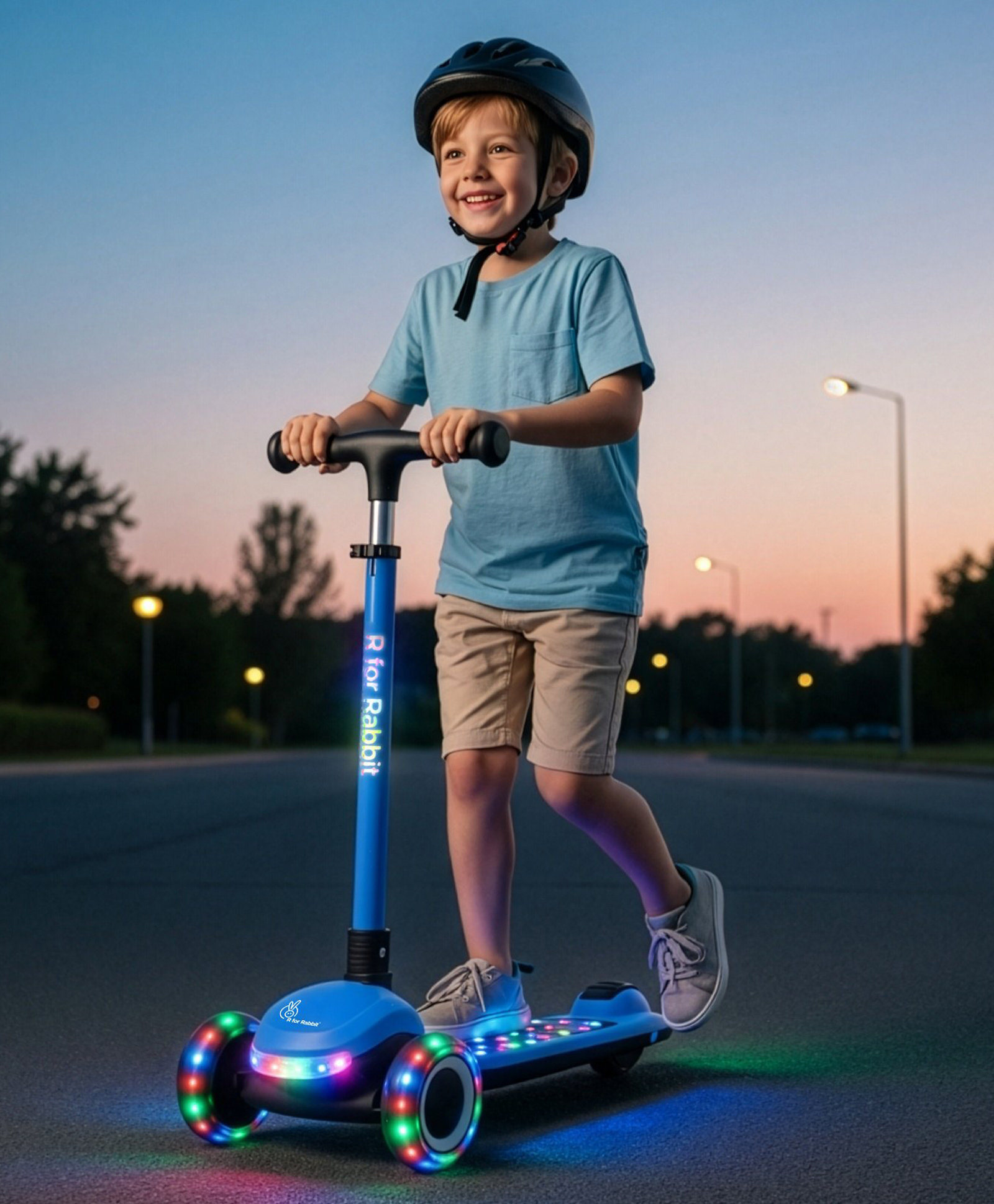 R for Rabbit Road Runner Jazz Scooter Smart Fold 3 Wheel Skate | 4 Level Height Adjustable Handle with Led PU Wheels & Brake | BIS Certified - Blue & Black-image-12