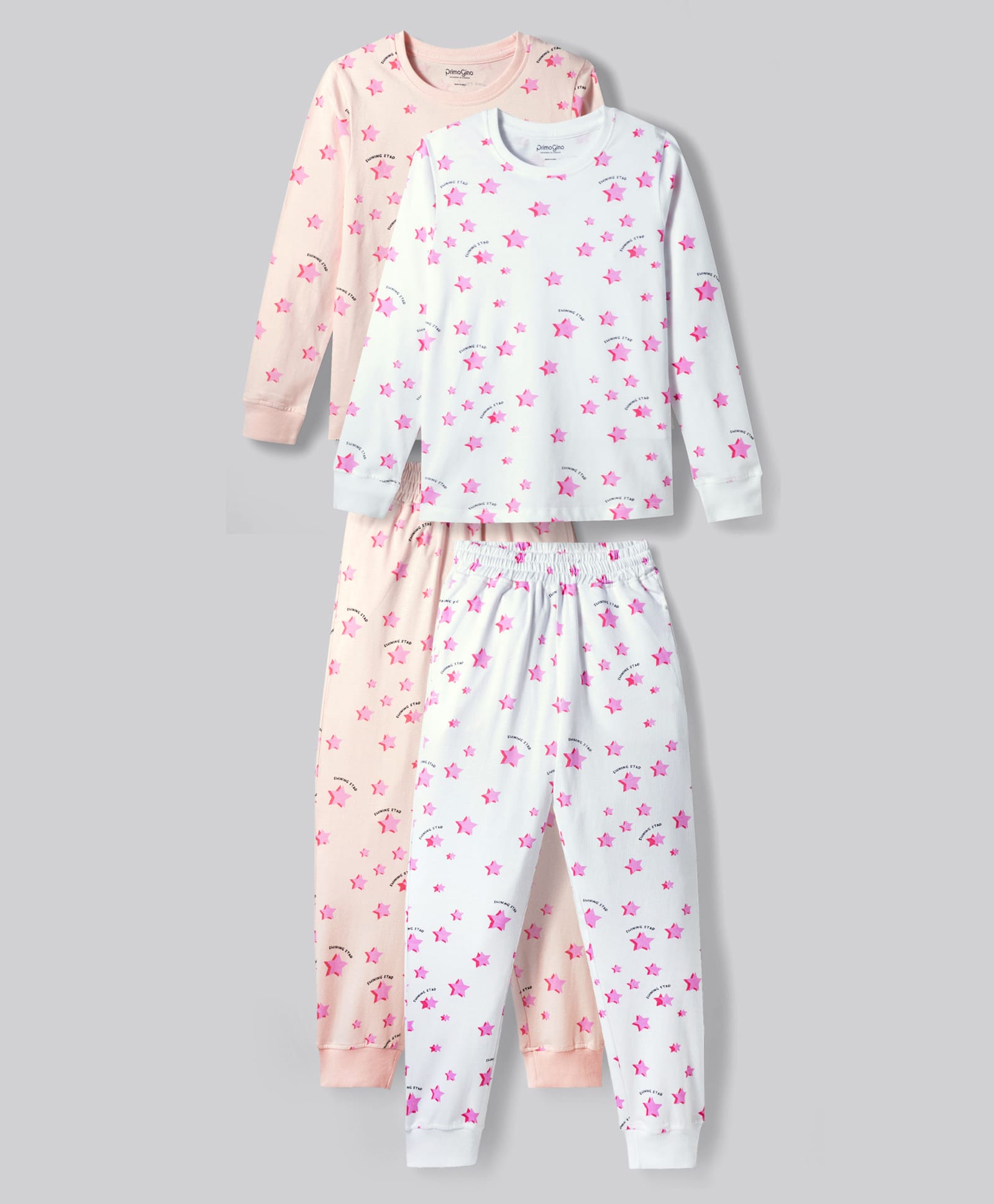 Primo Gino 100% Cotton Knit Full Sleeves T-Shirts & Pyjamas Co-ord Night Suits with Star Print Pack of 2 - Multicolor-image-22