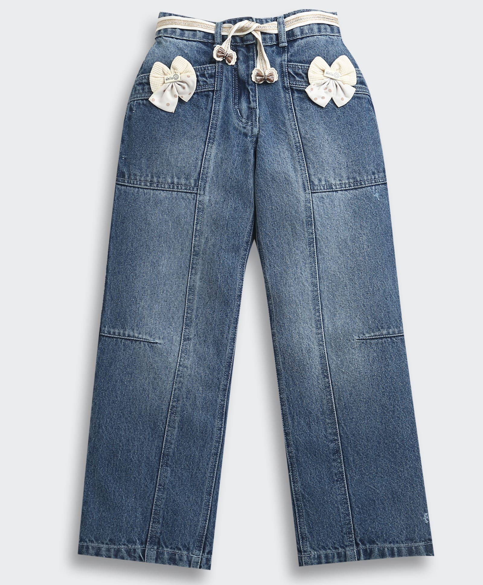 Tiny Girl Cotton Woven Bow Applique Detailed Washed Jeans - Light Blue-picture-15