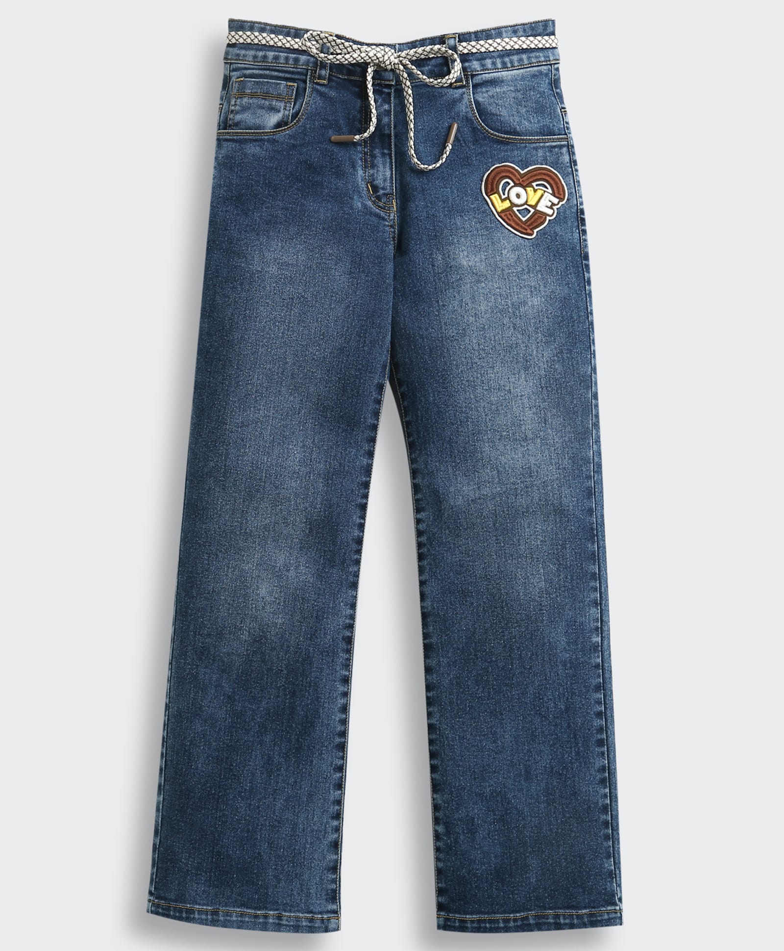 Tiny Girl Cotton Woven Heart Patch Embroidered Jeans - Dark Blue-picture-13