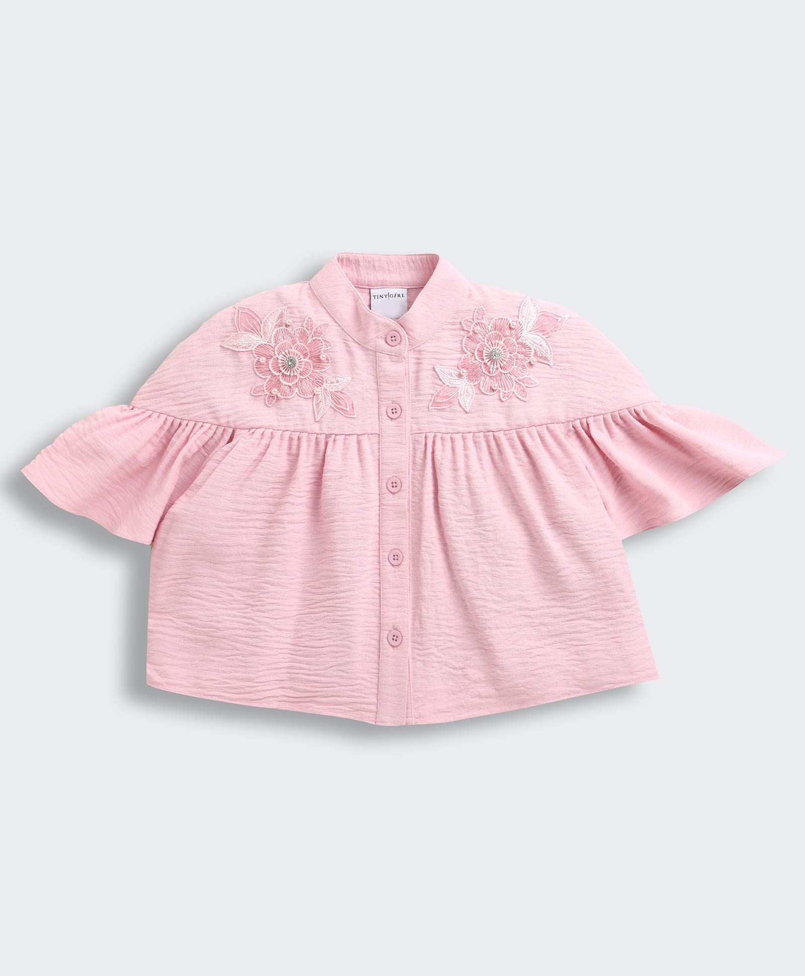 Tiny Girl Woven Half Flutter Sleeves Pearl & Stone Embellished Floral Applique Detailed Top - Pink-picture-23