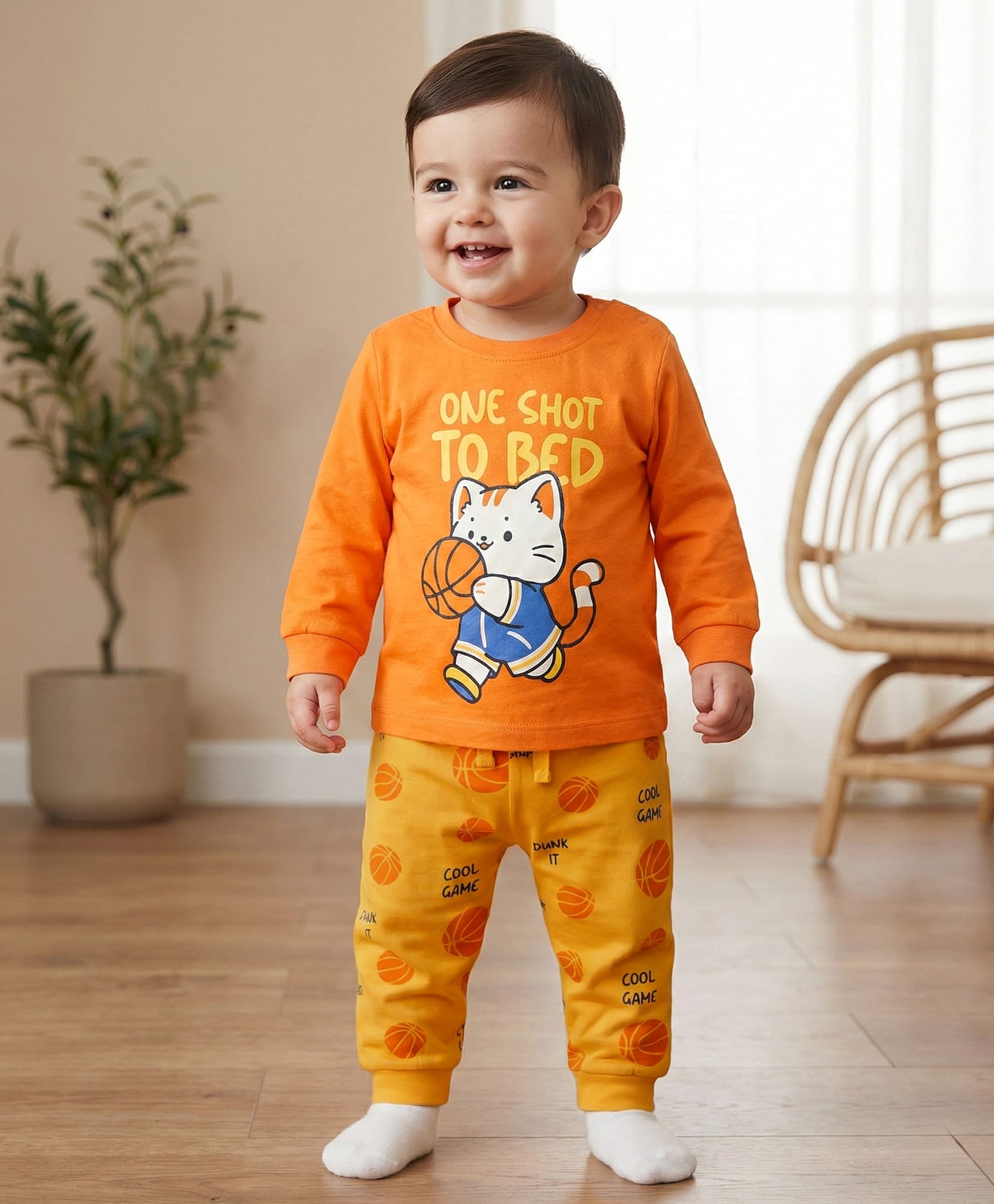 Babyoye 100% Cotton Single Jersey Knit Full Sleeves T-Shirt & Lounge Pant With Cat Print - Orange-image-43