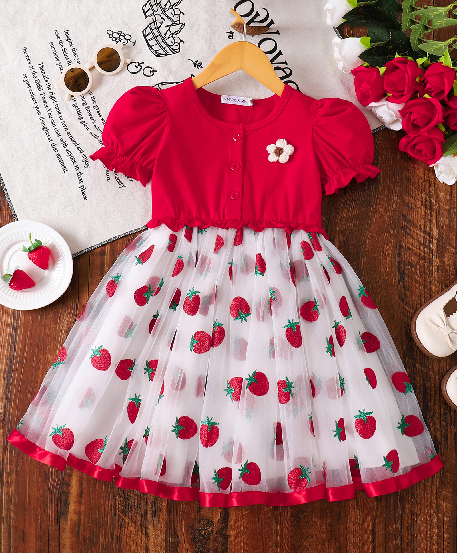 Mark & Mia Half Puffed Sleeves Strawberry Printed Party Dress with Floral Applique - Red