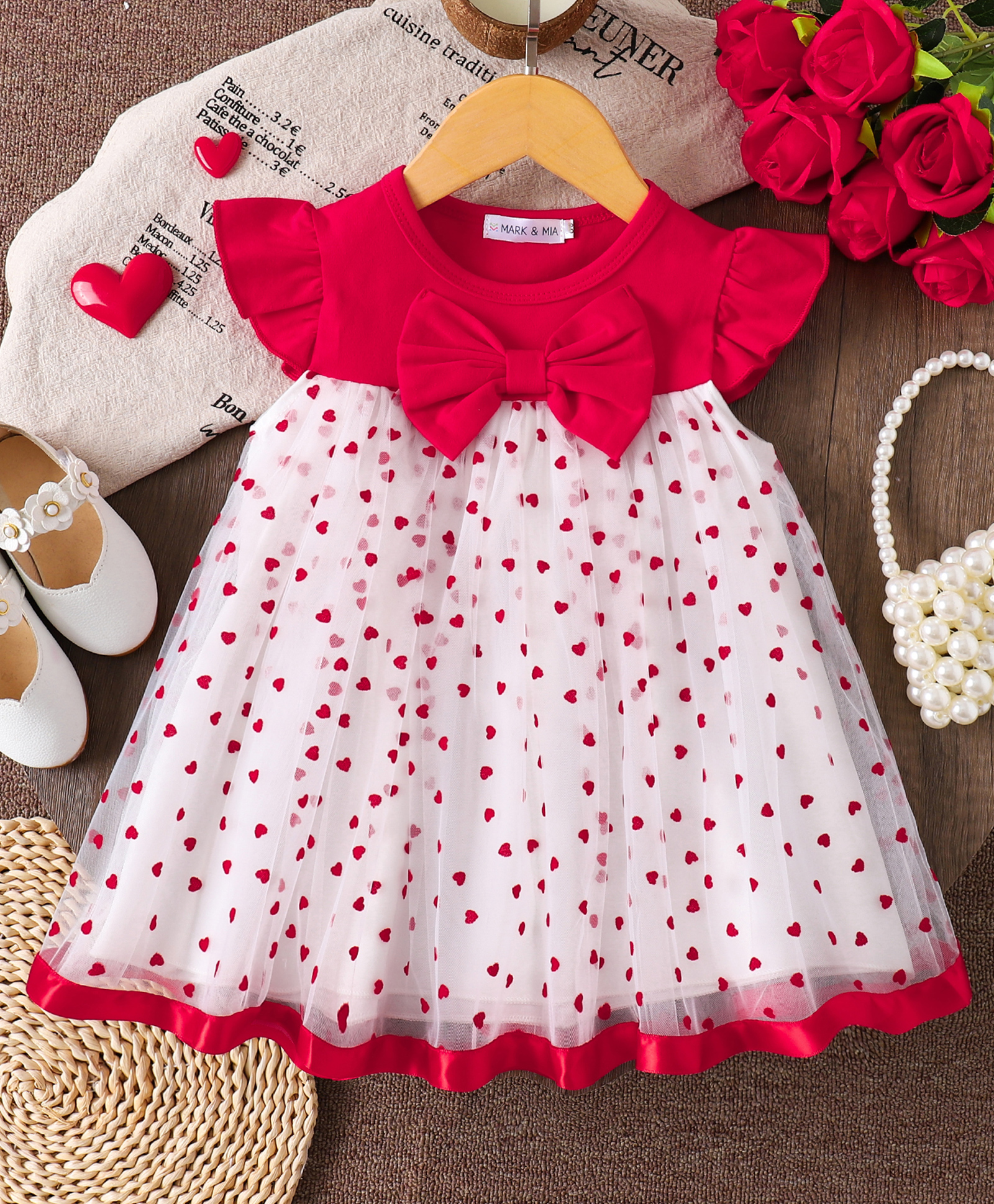Mark & Mia Sleeveless Polka Dots Printed Flared Party Dress with Bow Applique - Red