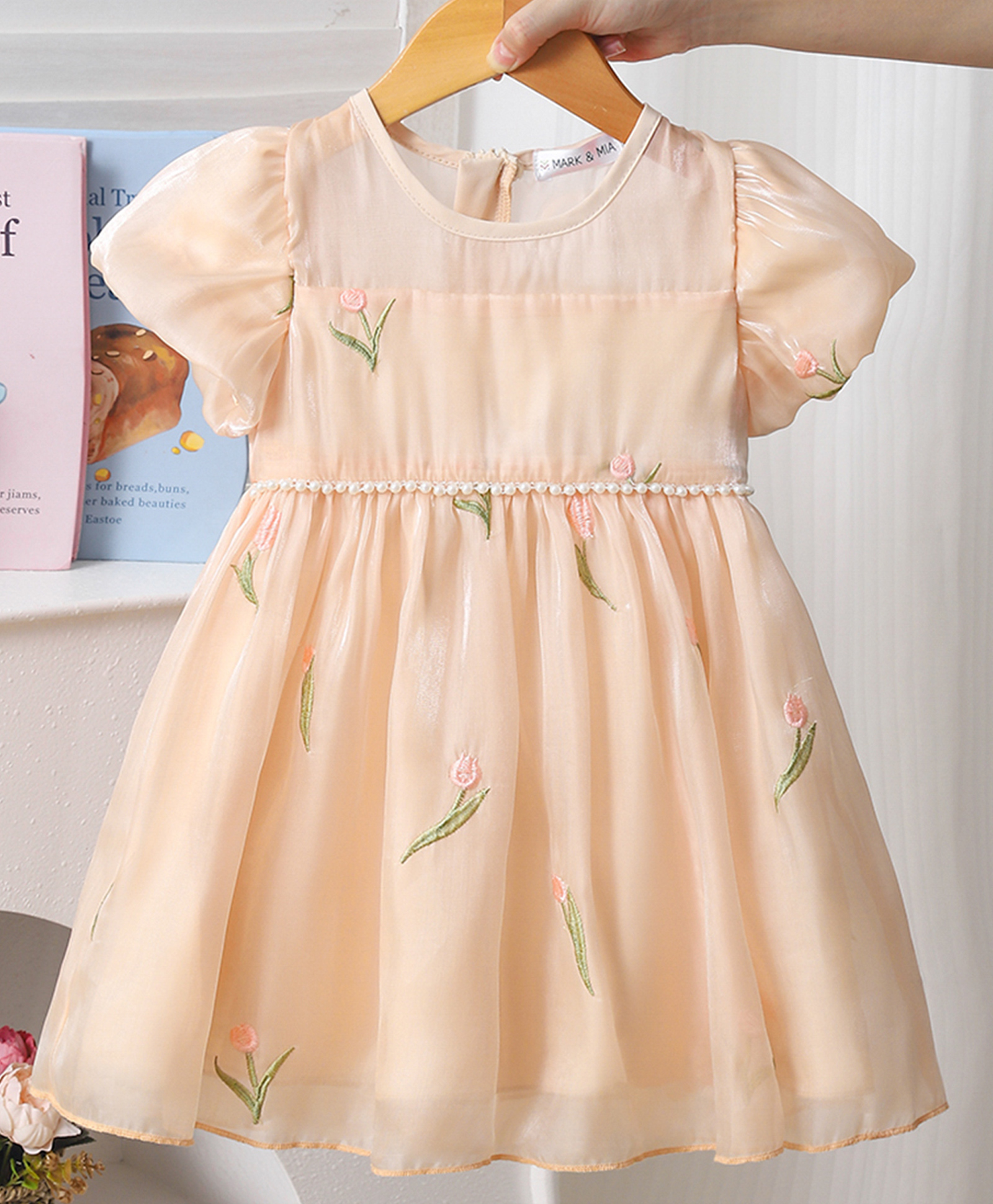 Mark & Mia Half Puffed Sleeves Floral Embroidered Flared Party Dress with 3D Butterfly Applique - Peach-picture-26