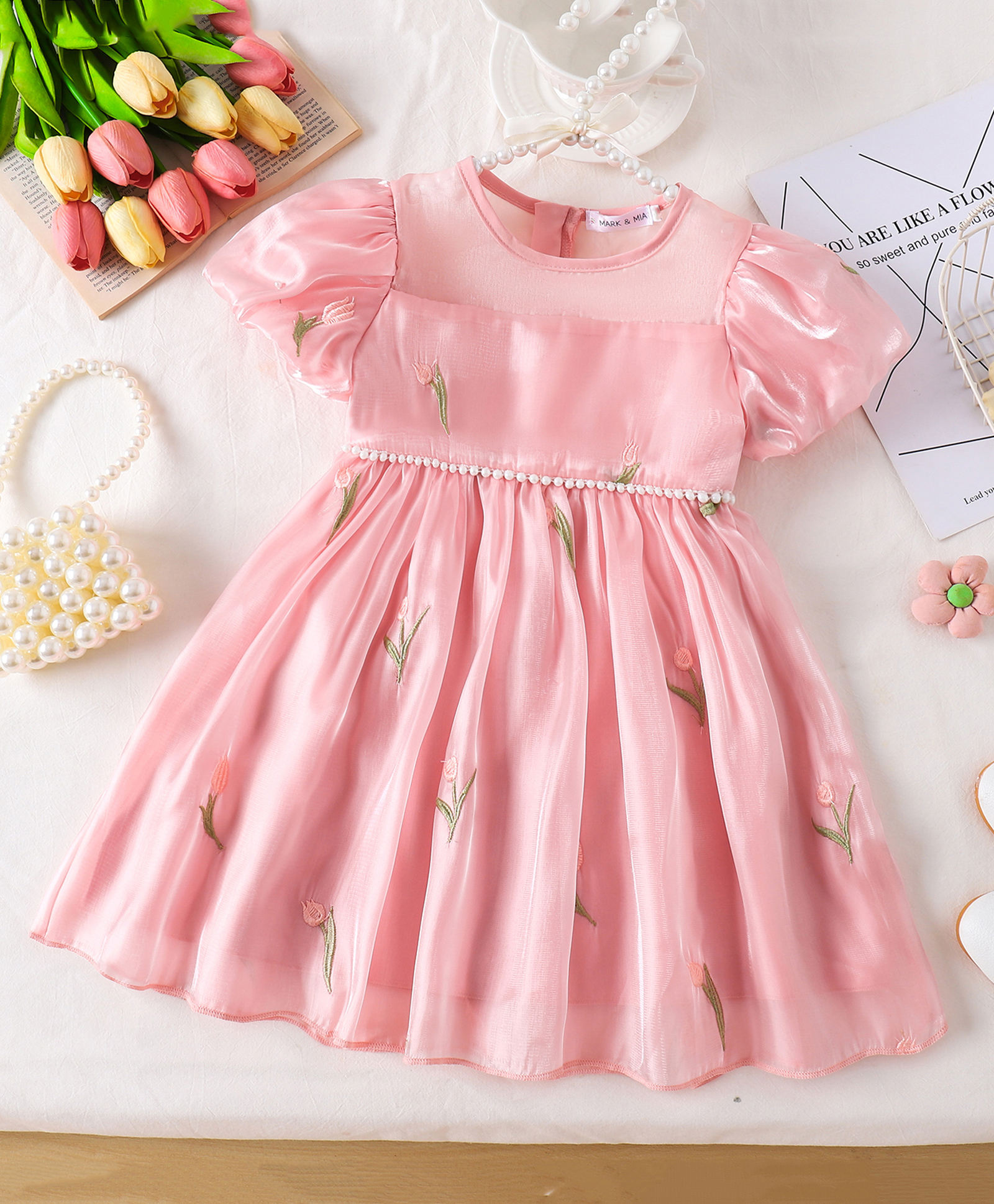 Mark & Mia Half Puffed Sleeves Floral Embroidered Flared Party Dress with 3D Butterfly Applique - Pink