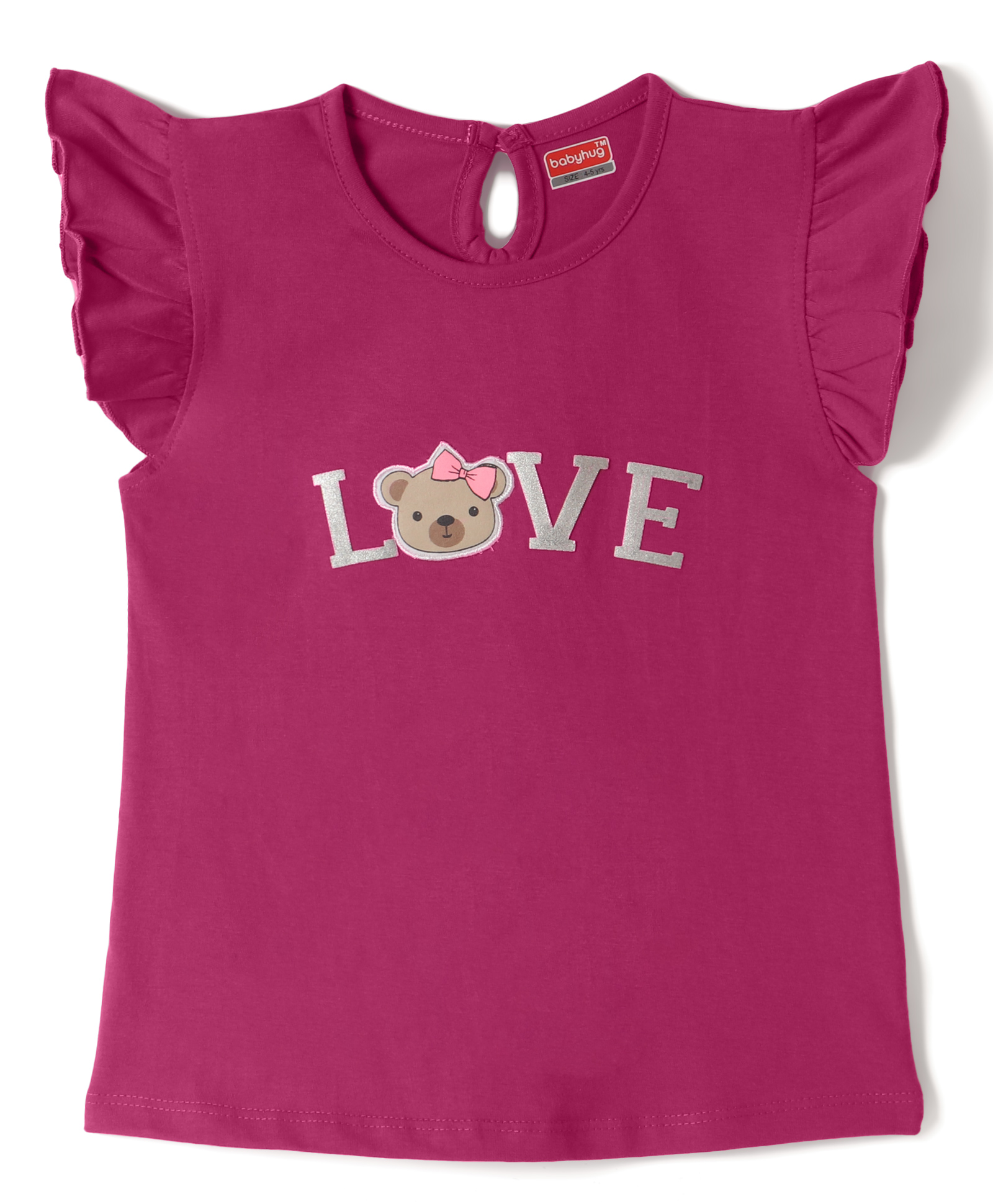 Babyhug 100% Cotton Knit Half Frill Sleeves Bear Embroidered & Text Printed T-Shirt - Dark Pink-image-22