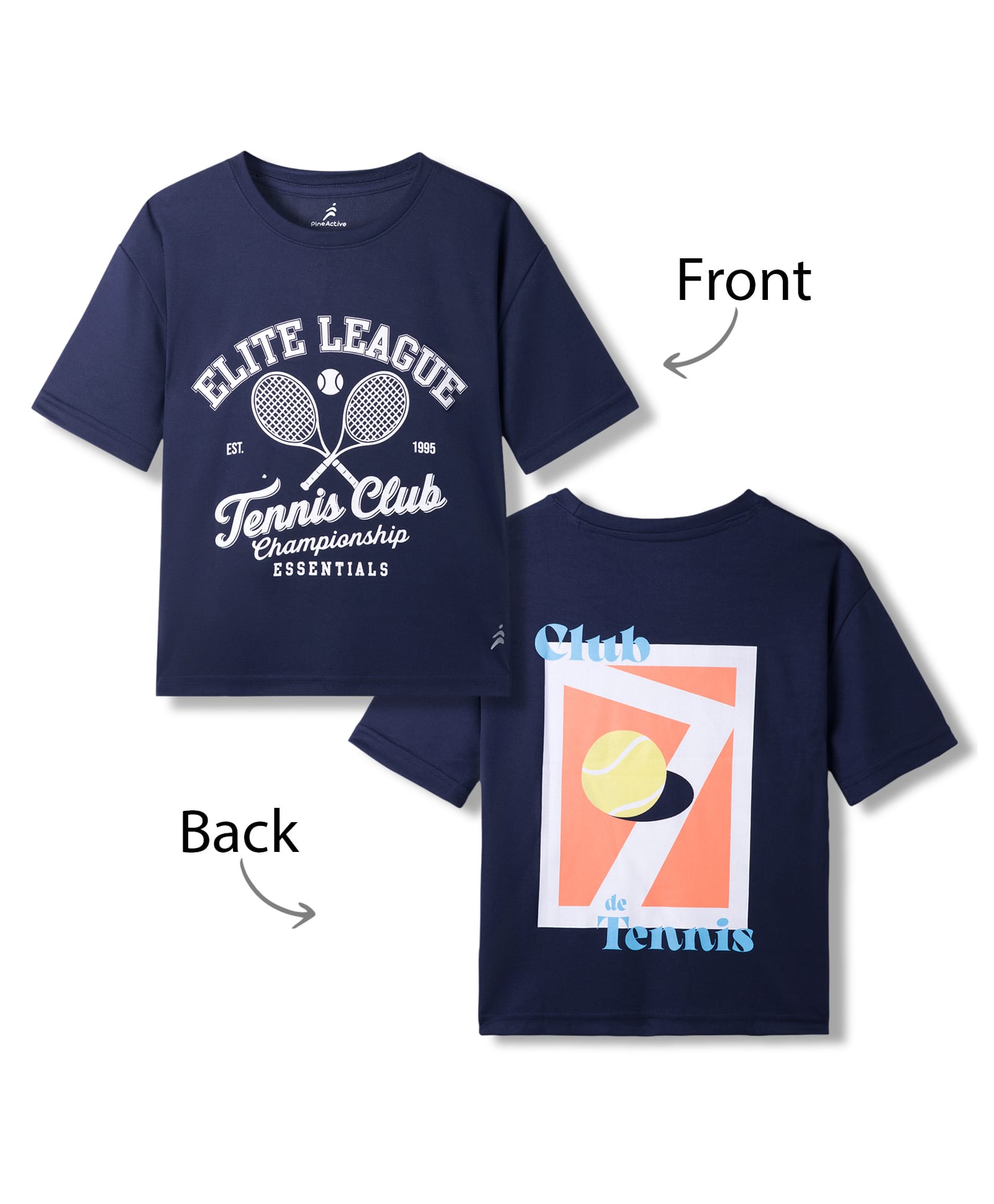 Pine Active Knit Drop Shoulder Drop Shoulder Half Sleeves T-Shirt with Tennis Print - Navy