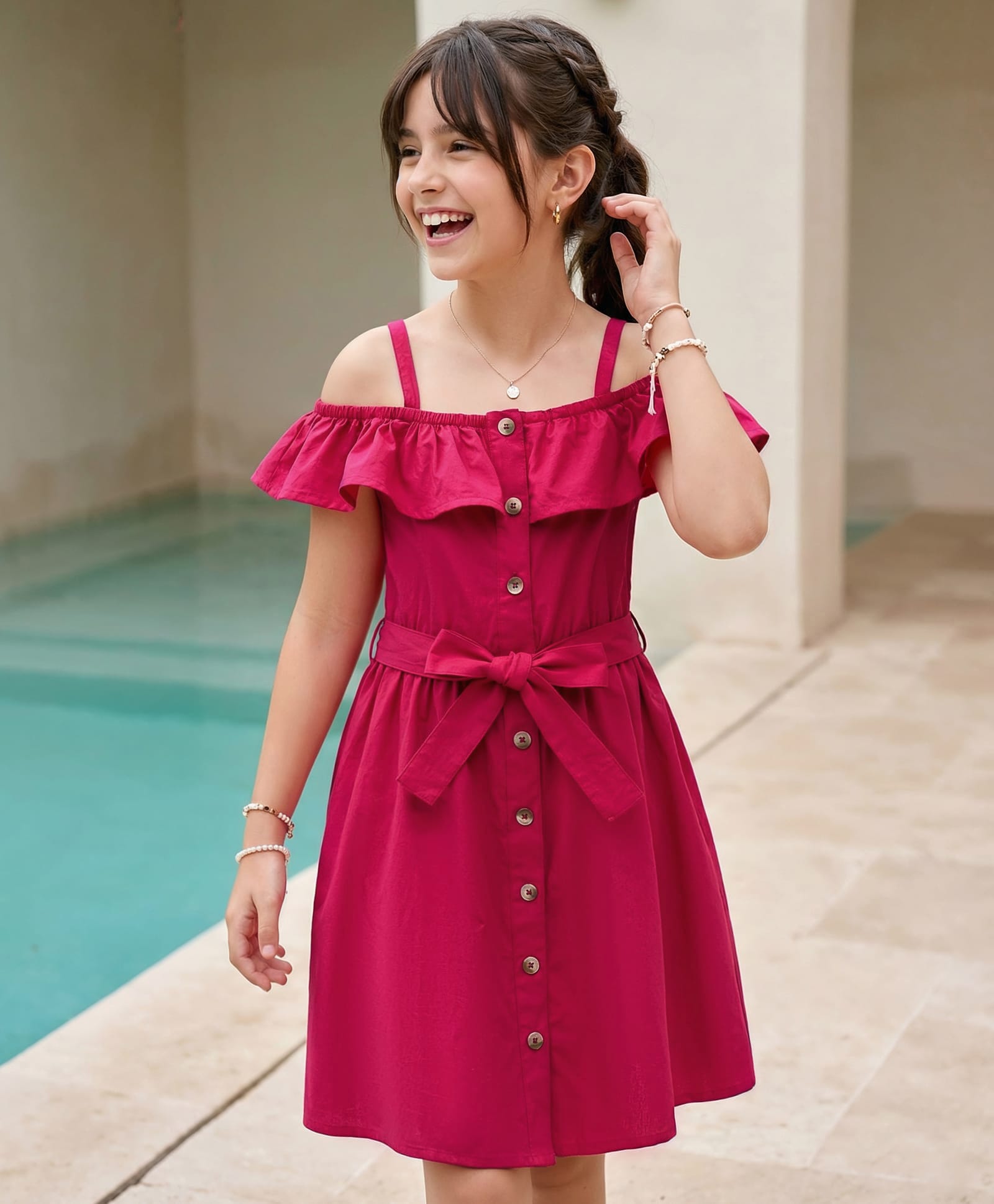 Pine Kids Poplin Woven Half Sleeves Solid Frock With Belt & Pearl Detailing - Dark Pink-image-33