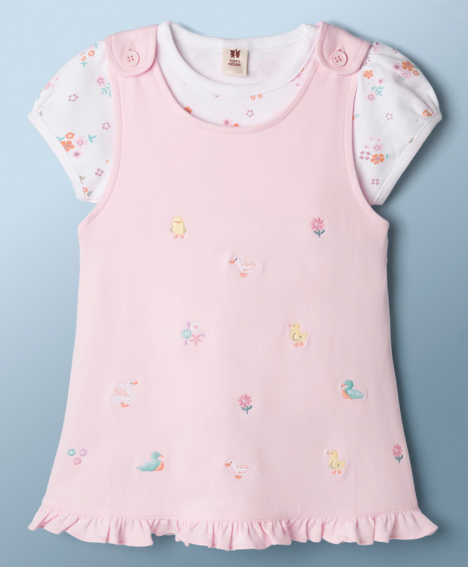 ToffyHouse Cotton Knit Half Sleeves Floral & Birds Printed & Embroidered Frock & Inner Tee - Pink-image-26